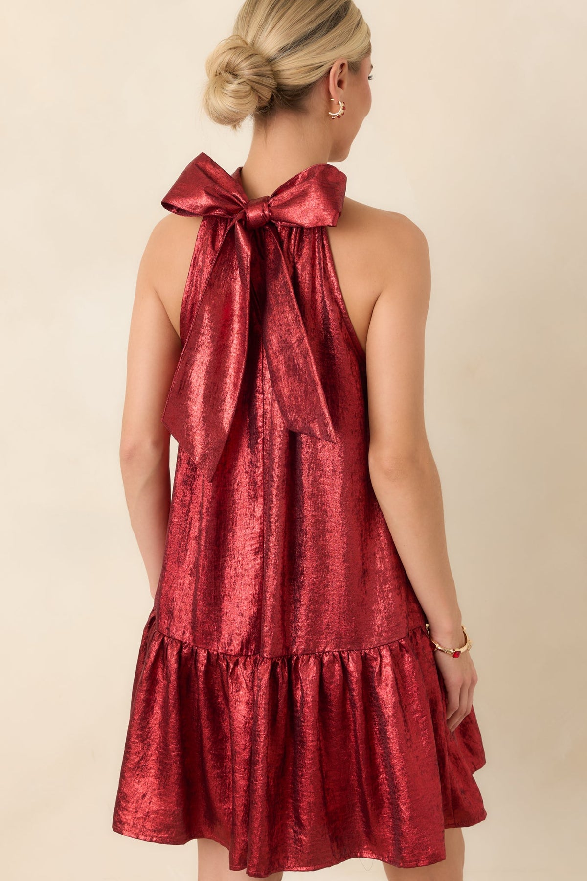 Fancy That Red Halter Bow Back Ruffle Hem Mini Dress