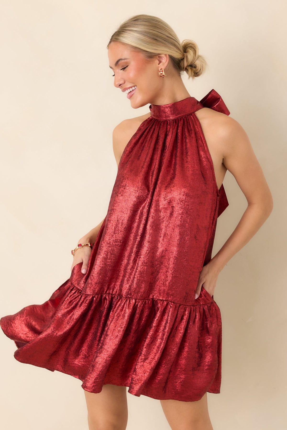 Fancy That Red Halter Bow Back Ruffle Hem Mini Dress