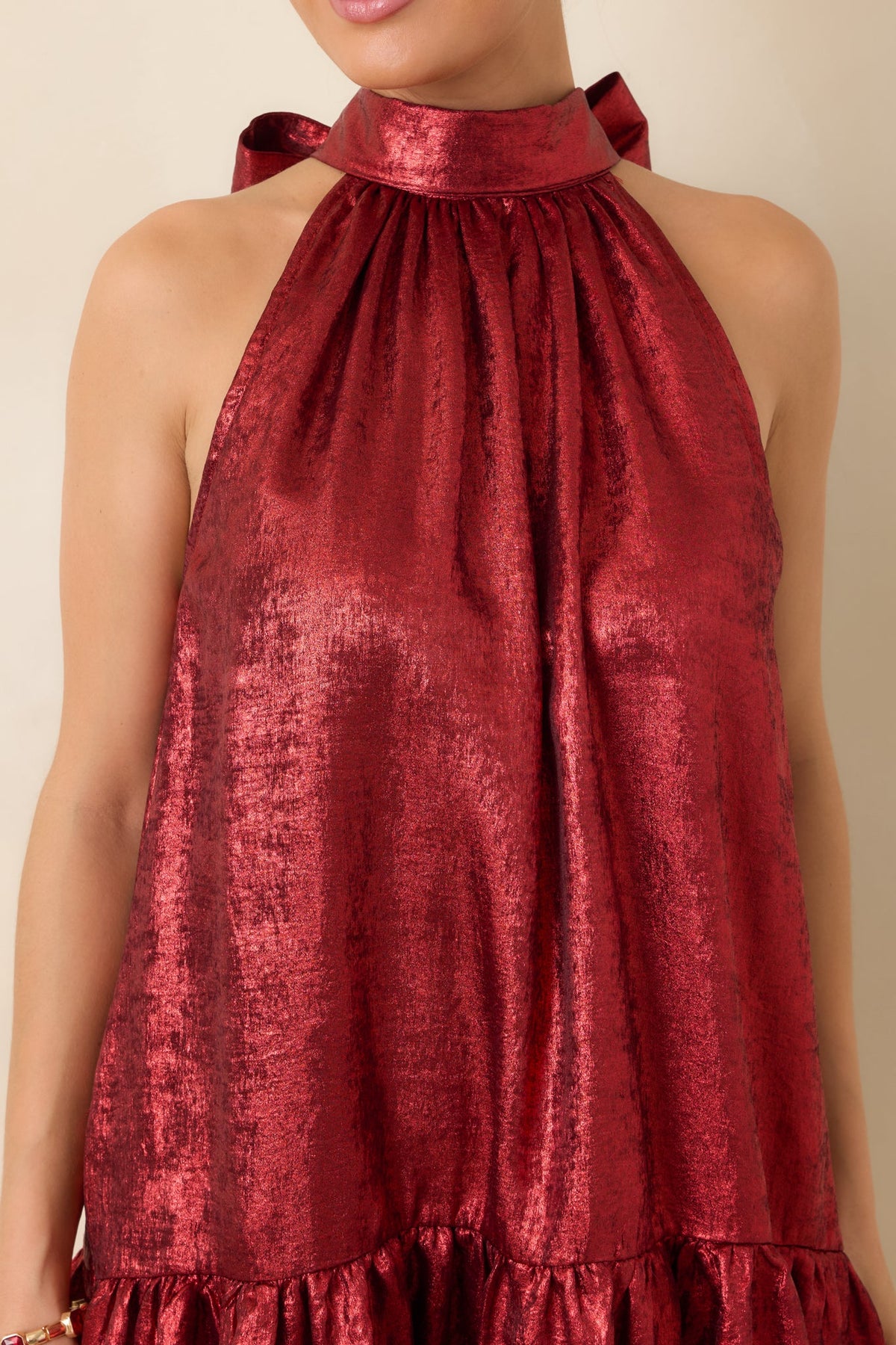 Fancy That Red Halter Bow Back Ruffle Hem Mini Dress