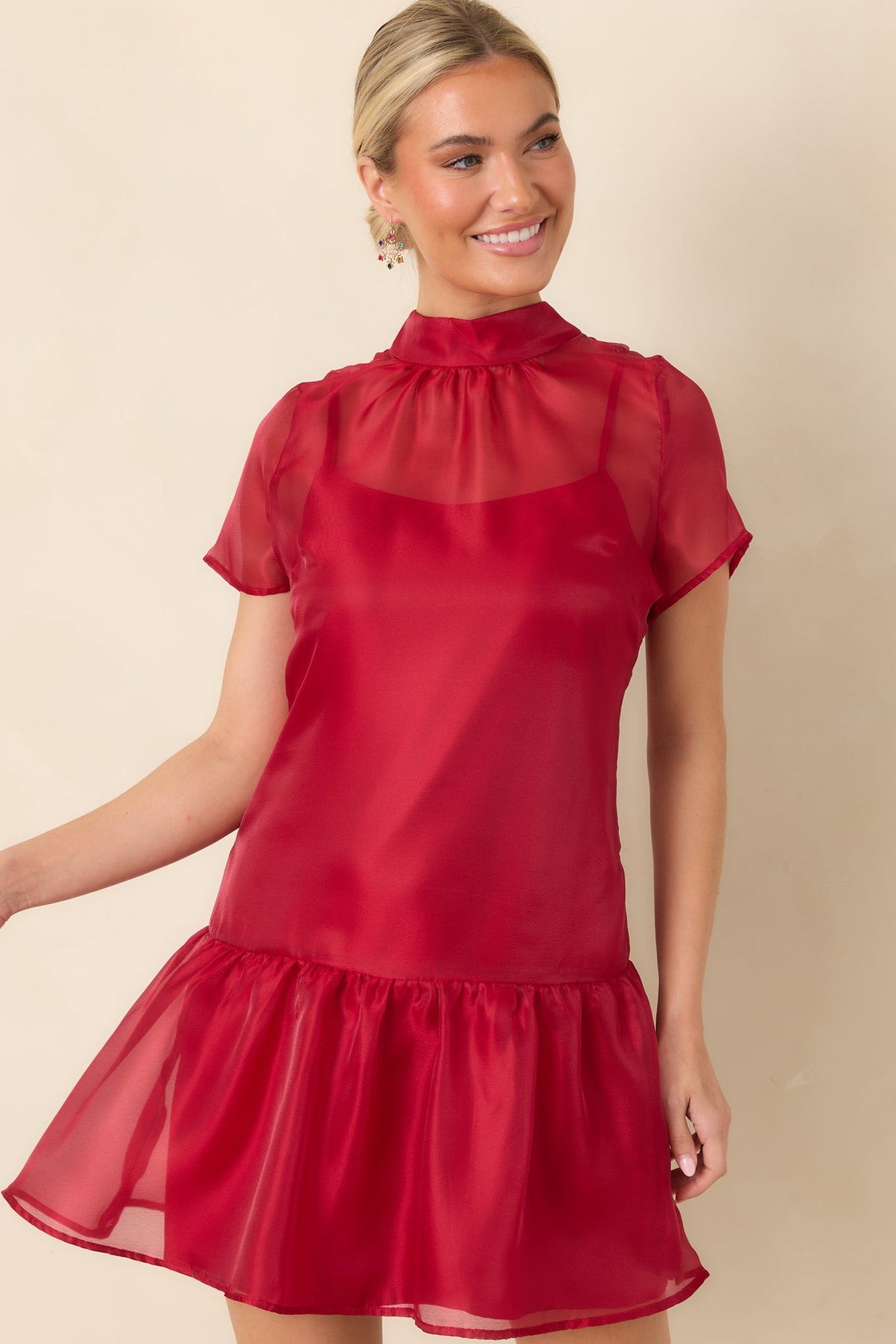 Oh, What Fun Red Bow Back Mock Neck Mini Dress