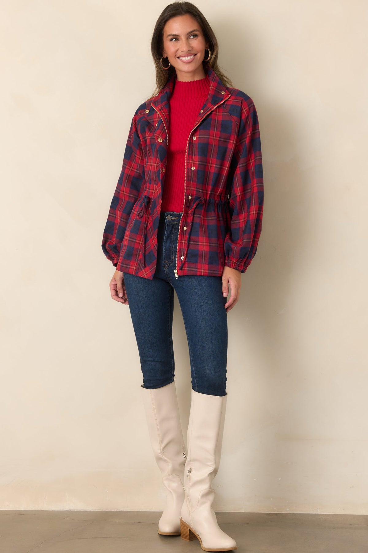 Season in Session Red & Navy Plaid Cinch Waist Jacket