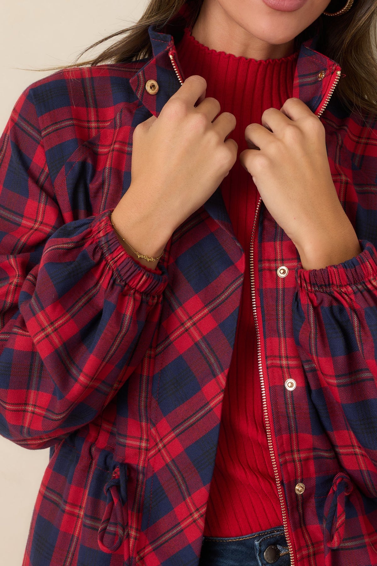 Season in Session Red & Navy Plaid Cinch Waist Jacket