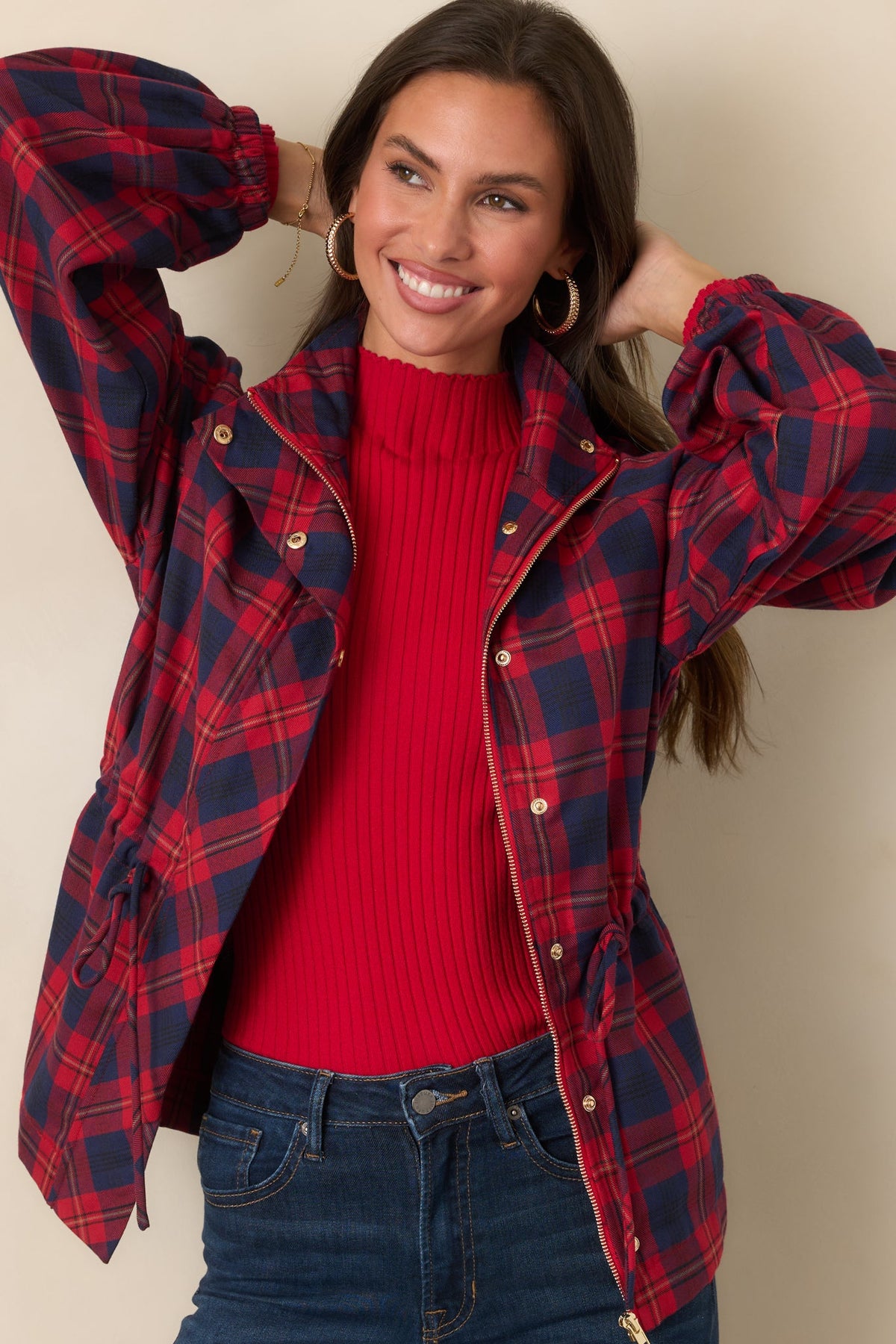 Season in Session Red & Navy Plaid Cinch Waist Jacket