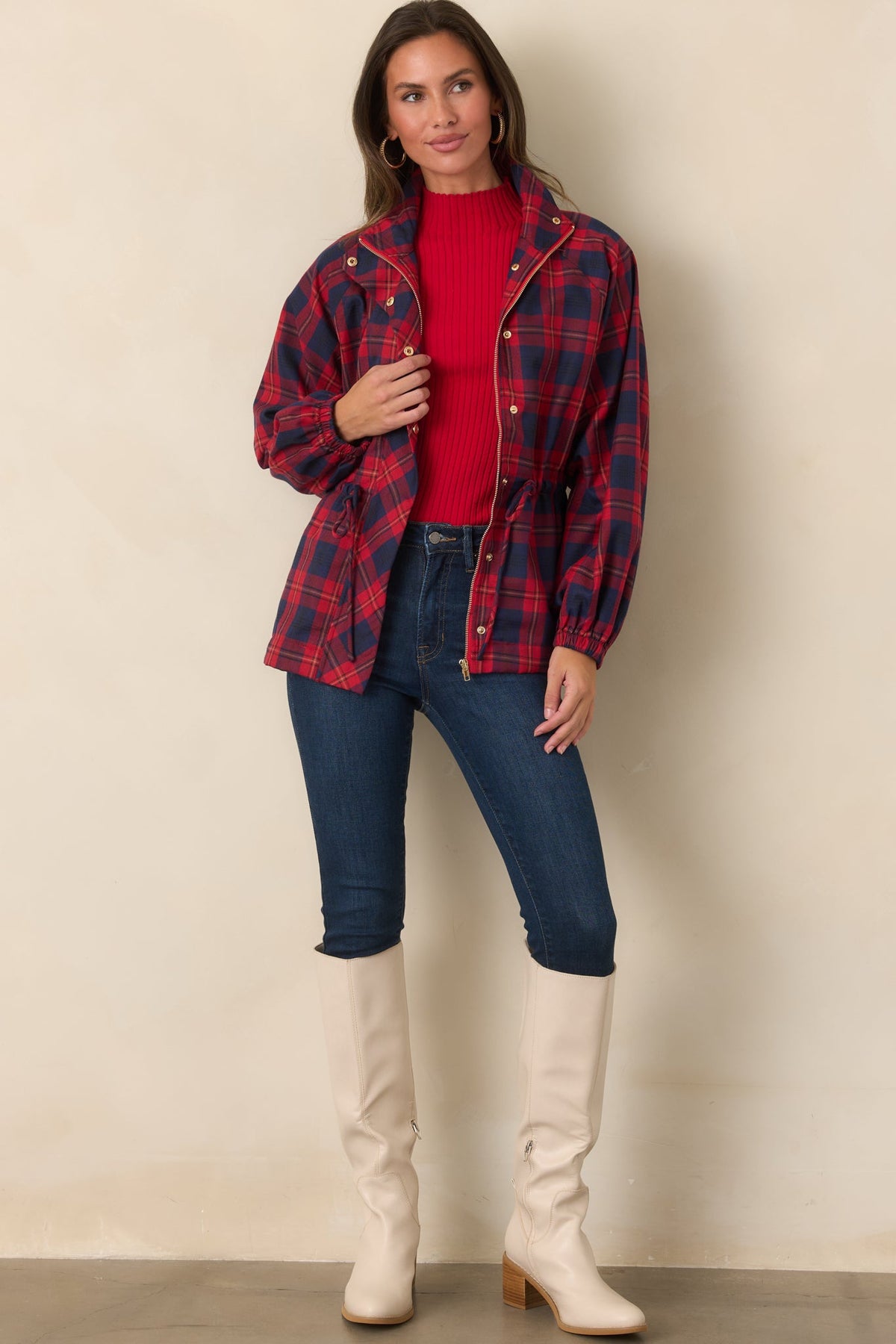 Season in Session Red & Navy Plaid Cinch Waist Jacket