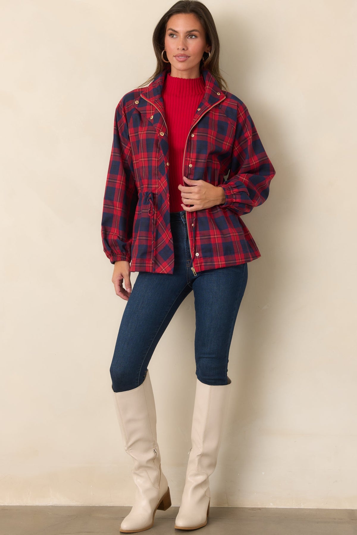 Season in Session Red & Navy Plaid Cinch Waist Jacket