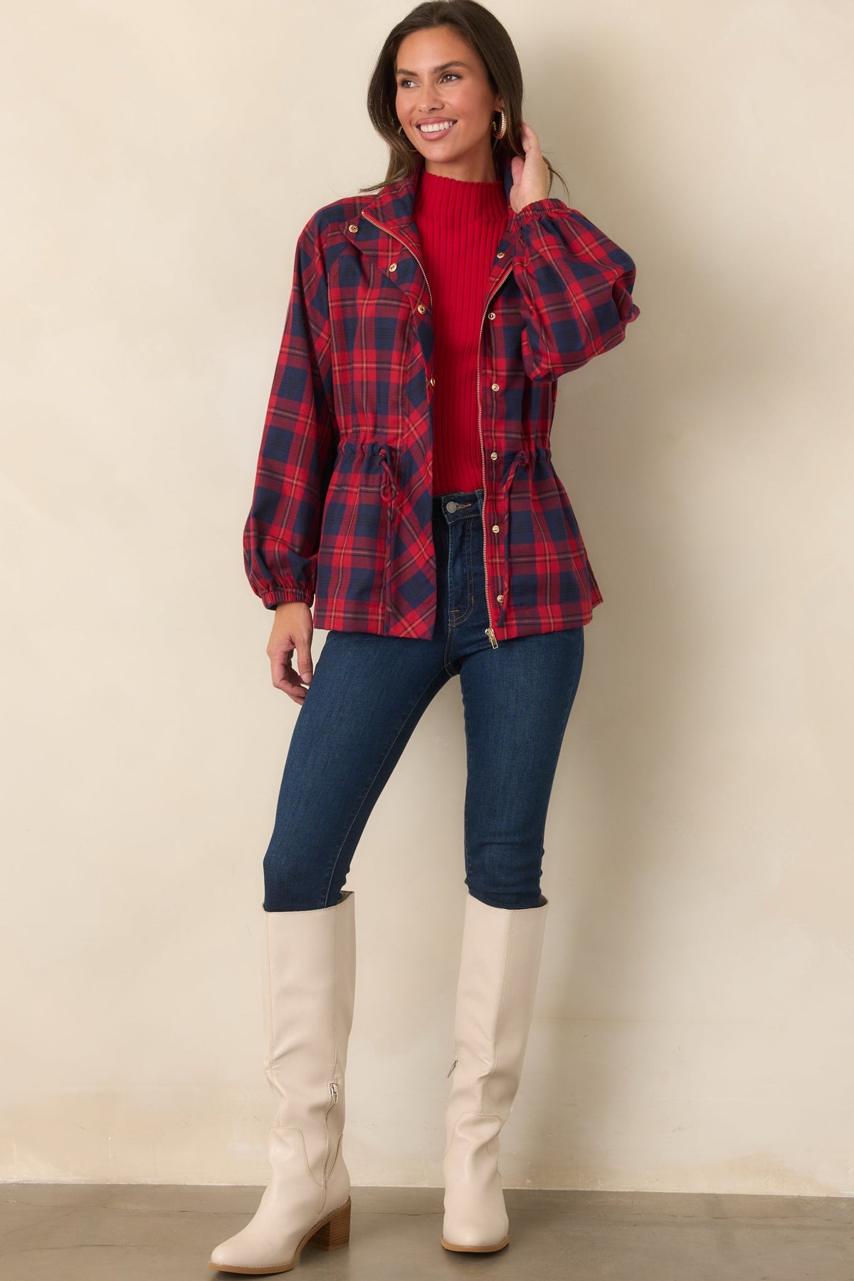 Season in Session Red & Navy Plaid Cinch Waist Jacket