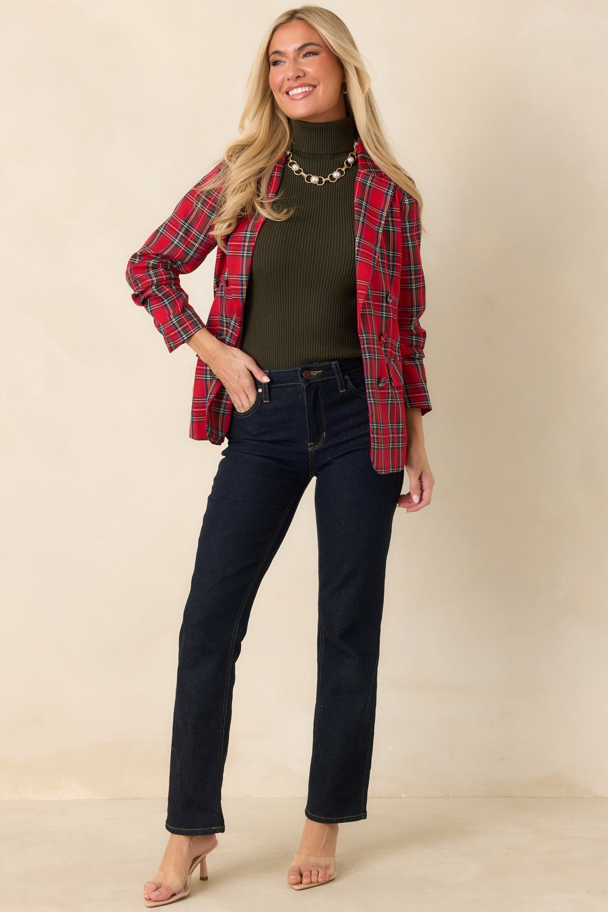 On the Good List Red Tartan Plaid Ruched Sleeve Blazer