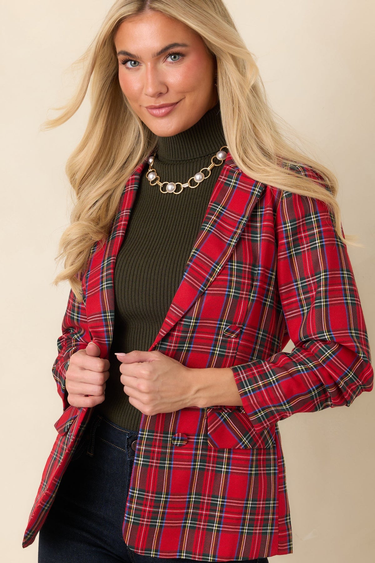 On the Good List Red Tartan Plaid Ruched Sleeve Blazer