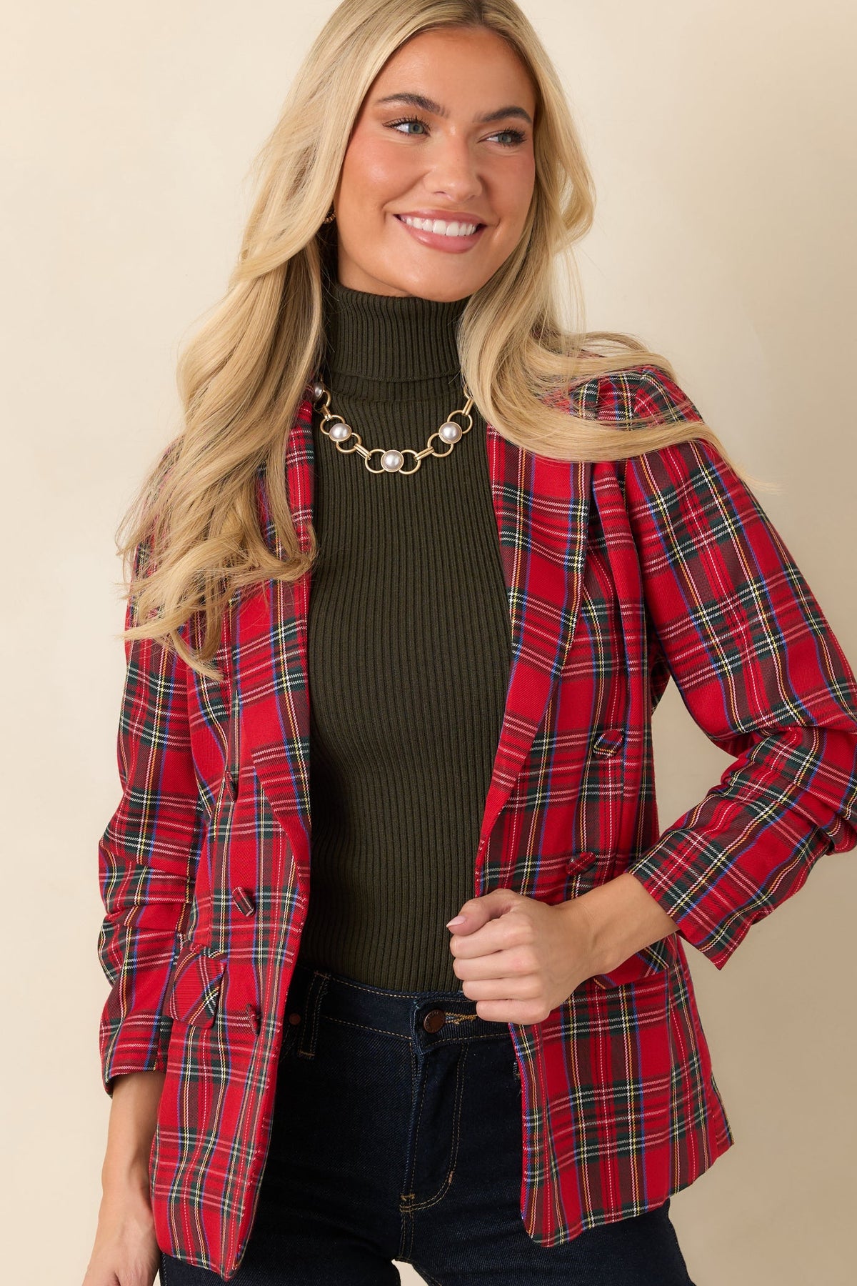 On the Good List Red Tartan Plaid Ruched Sleeve Blazer