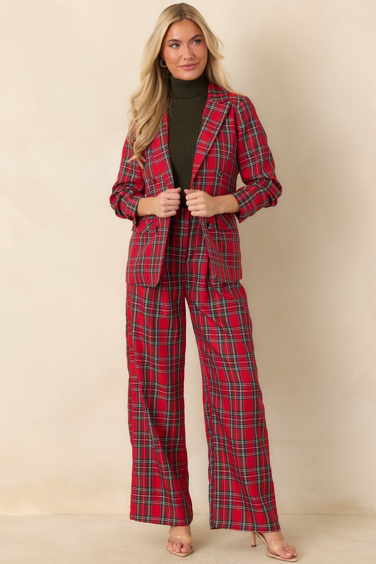 On the Good List Red Tartan Plaid Ruched Sleeve Blazer