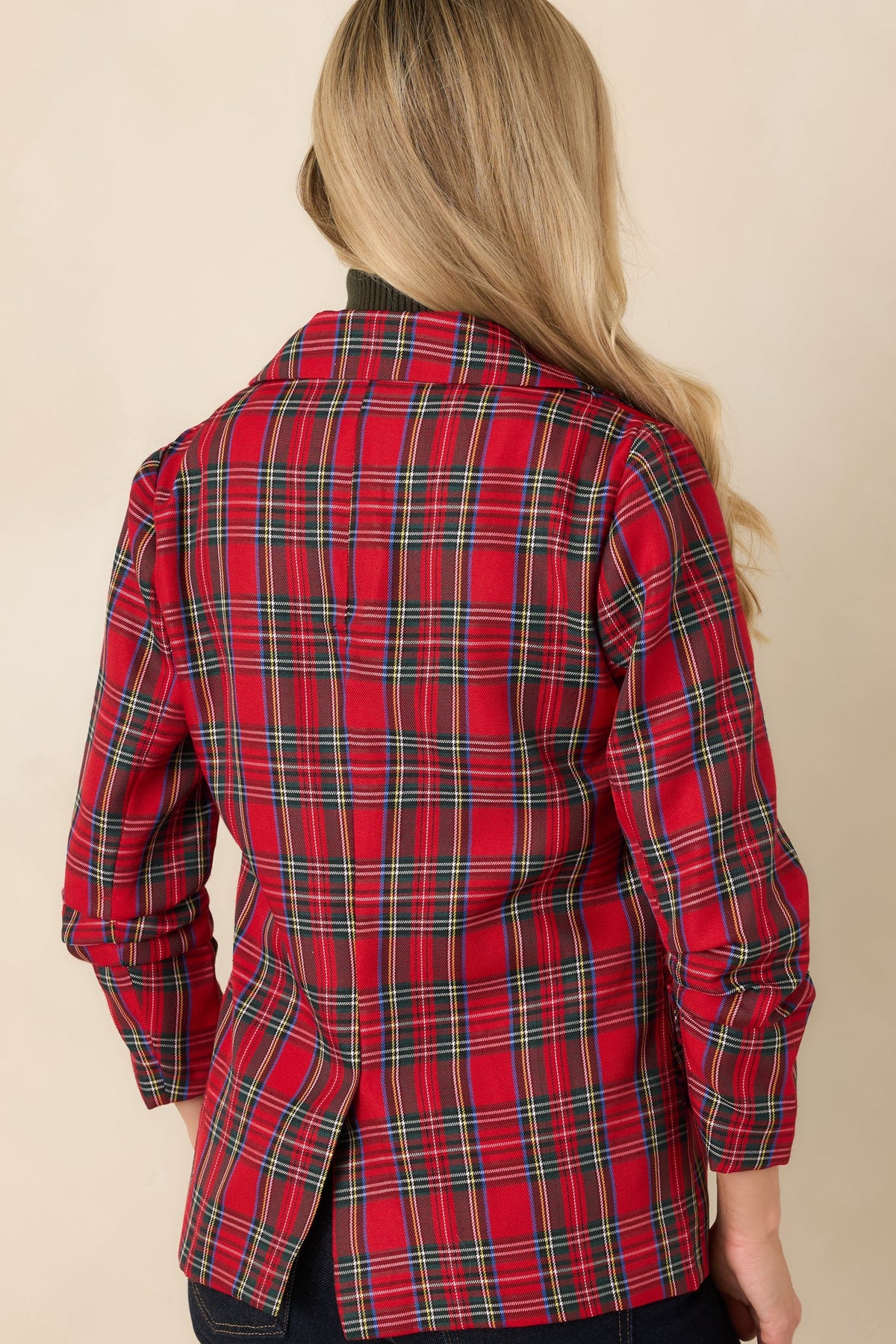 On the Good List Red Tartan Plaid Ruched Sleeve Blazer