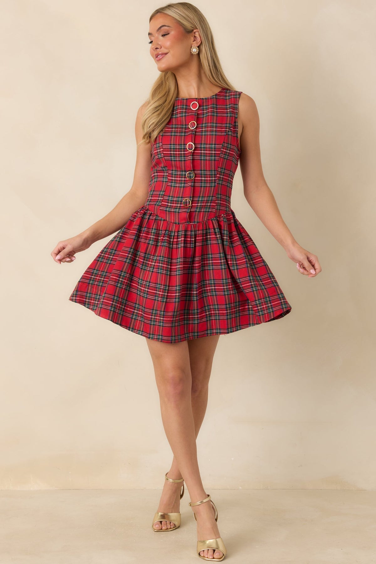 How Very Merry Red Tartan Plaid Drop Waist Mini Dress