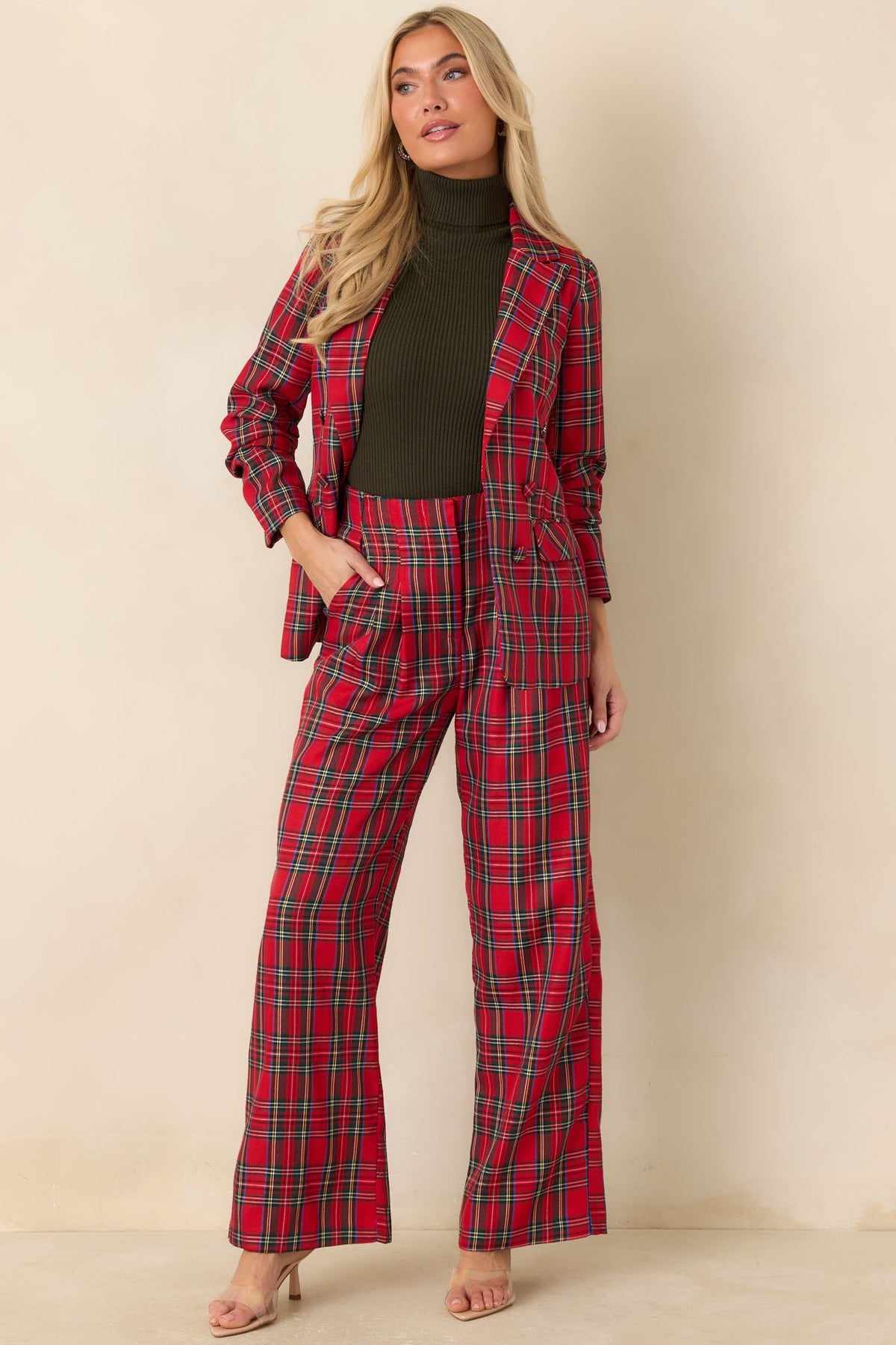 On the Good List Red Tartan Plaid Ruched Sleeve Blazer