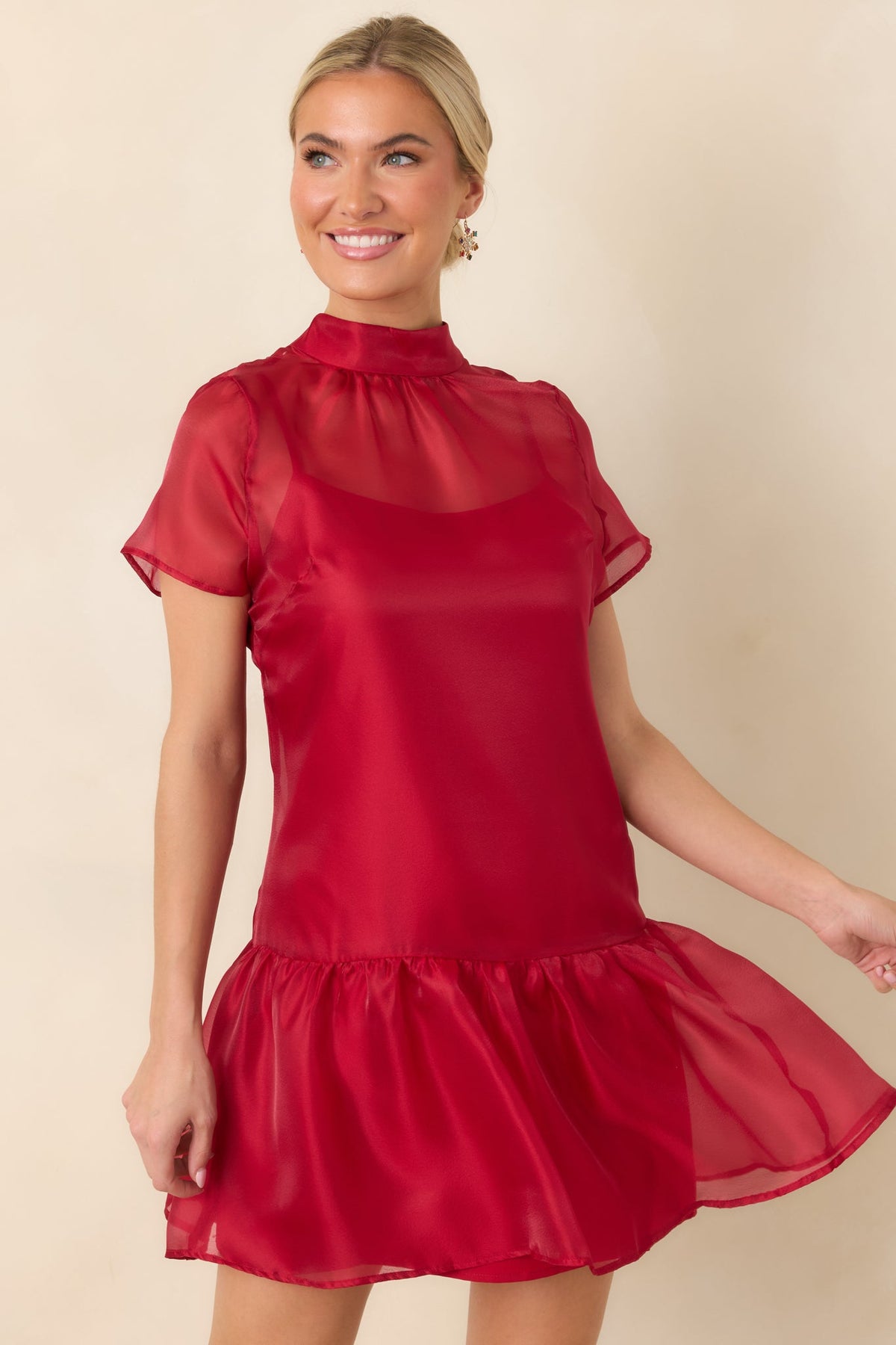 Oh, What Fun Red Bow Back Mock Neck Mini Dress