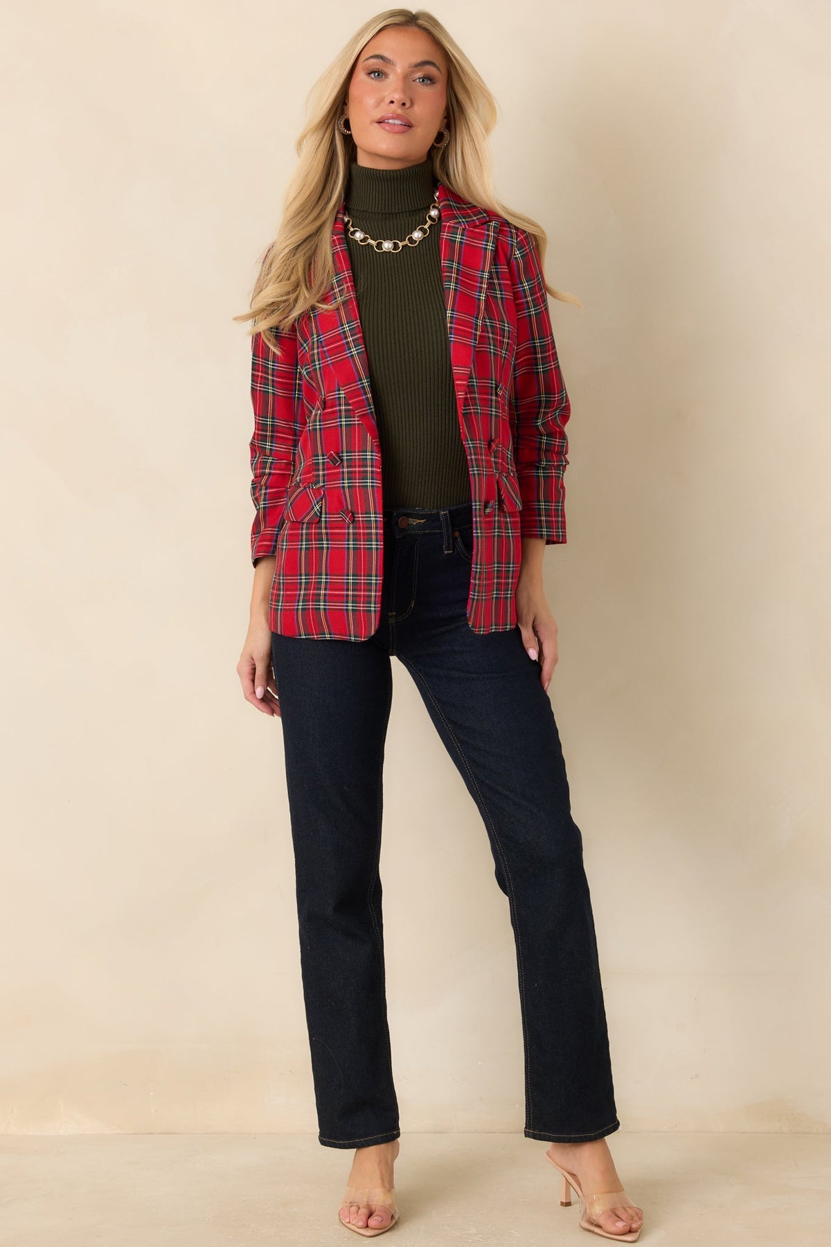 On the Good List Red Tartan Plaid Ruched Sleeve Blazer