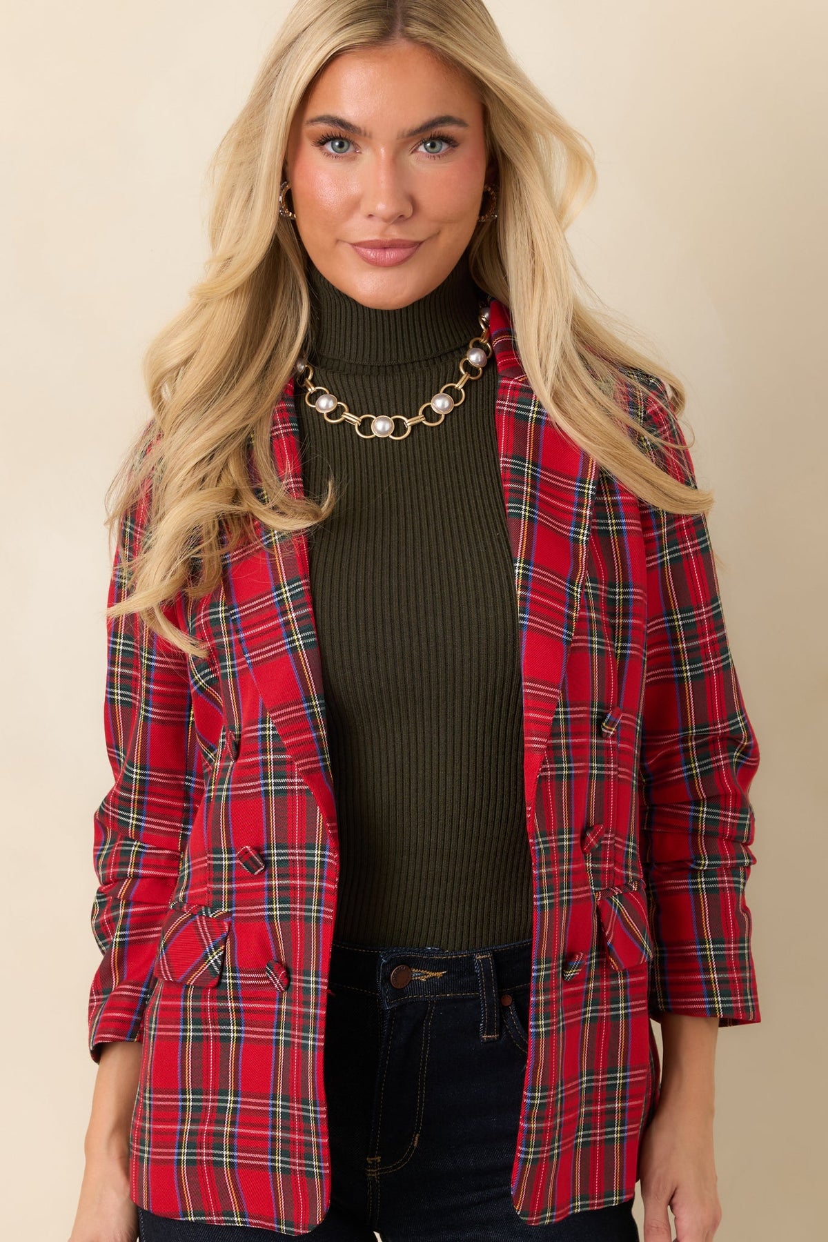 On the Good List Red Tartan Plaid Ruched Sleeve Blazer