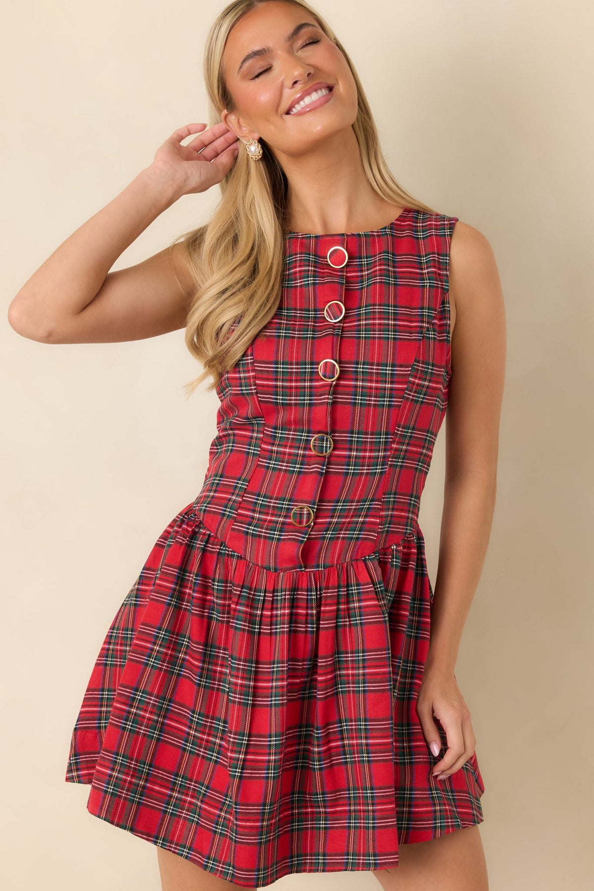 How Very Merry Red Tartan Plaid Drop Waist Mini Dress