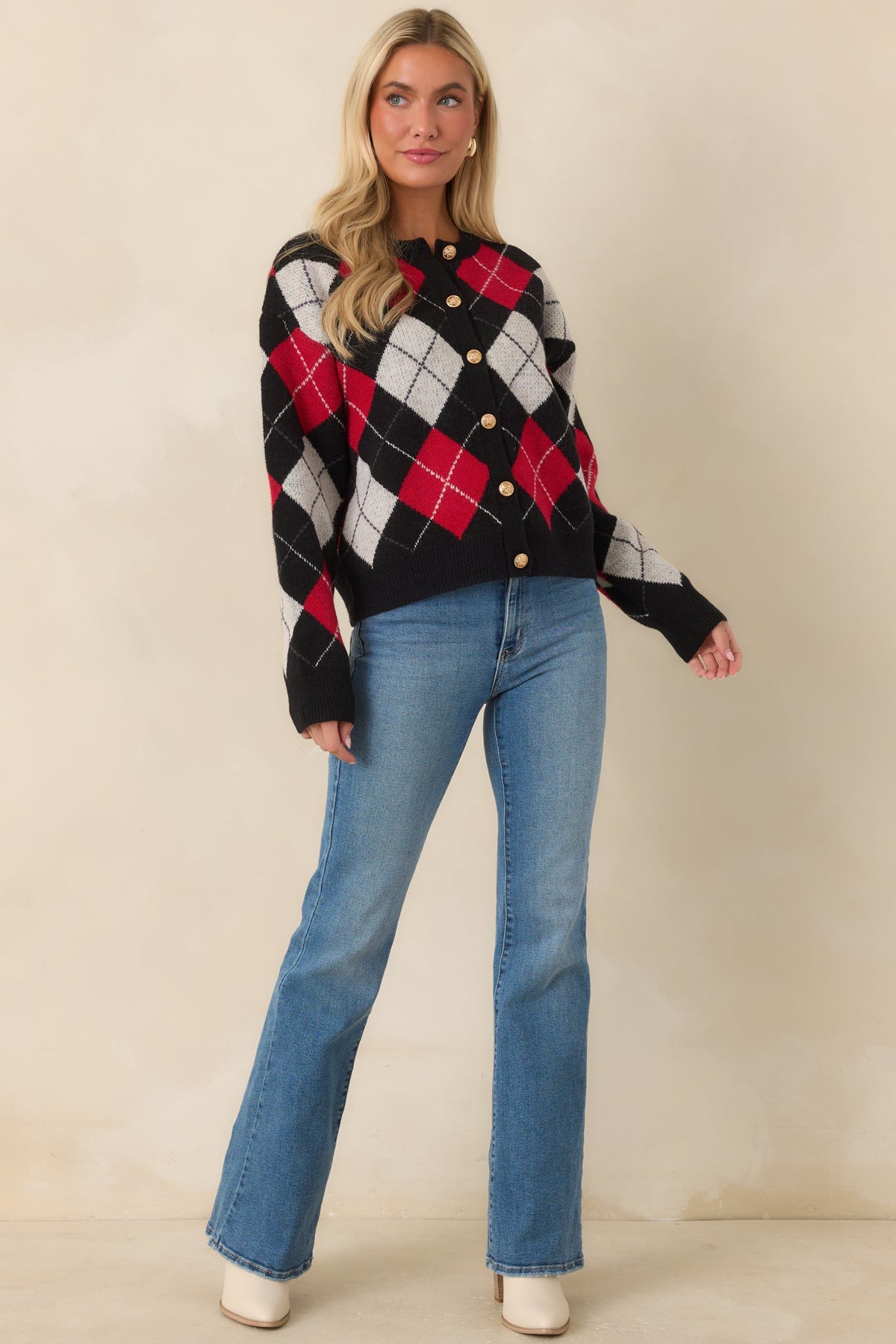 The Winning Combination Black & Red Knit Argyle Cardigan