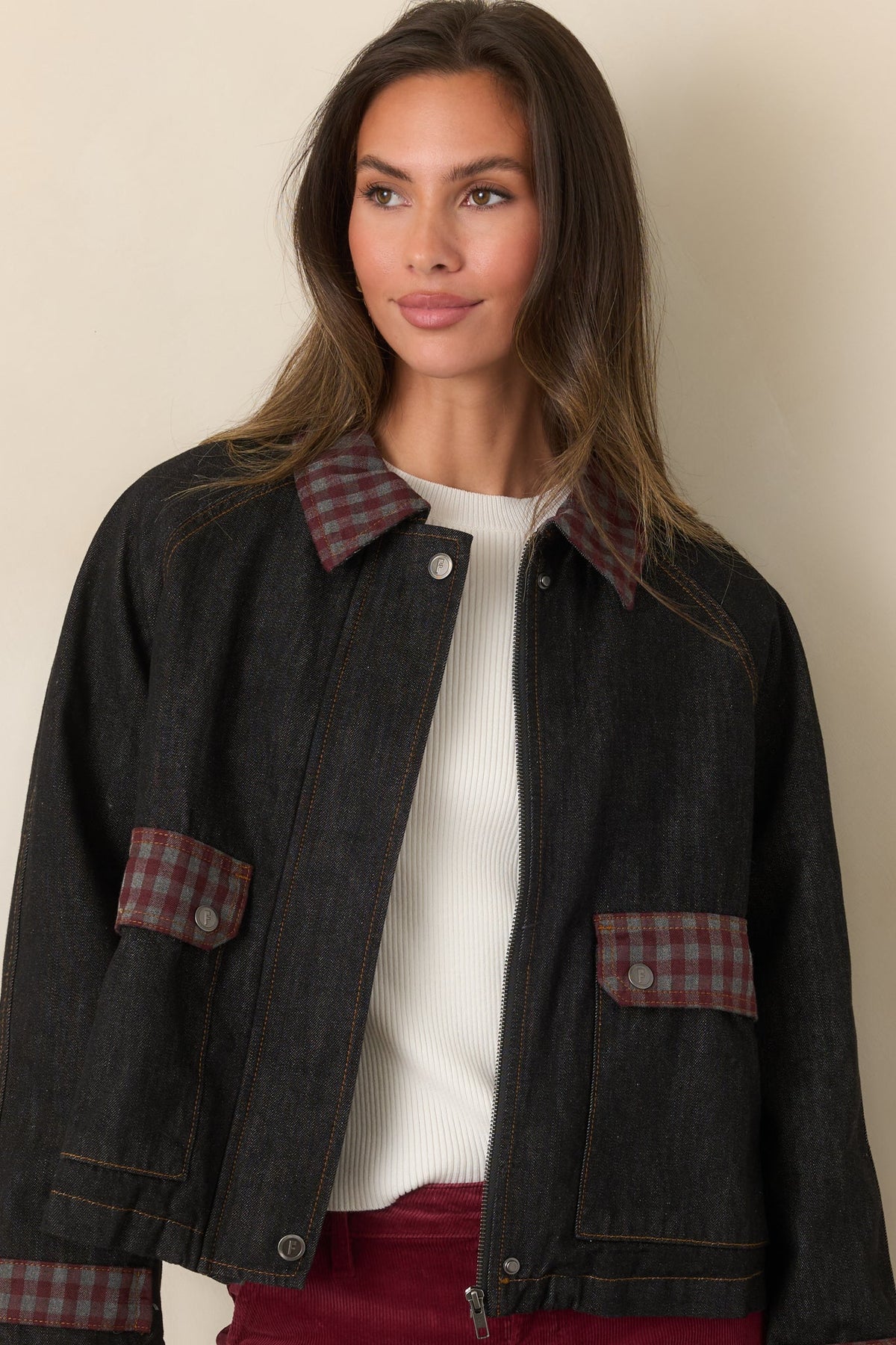 FRNCH Honshu Night Blue Gingham Contrast Denim Jacket
