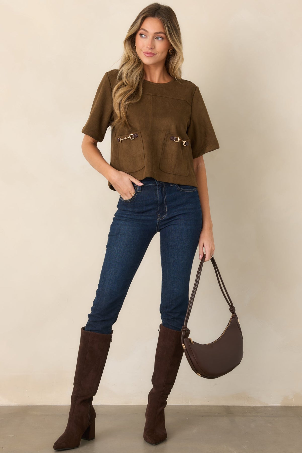 Take the Reins Brown Suede Short Sleeve Pocket Top