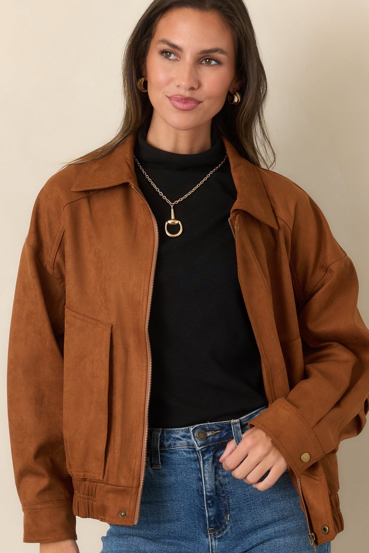 More Adventures Cognac Faux Suede Bomber Jacket