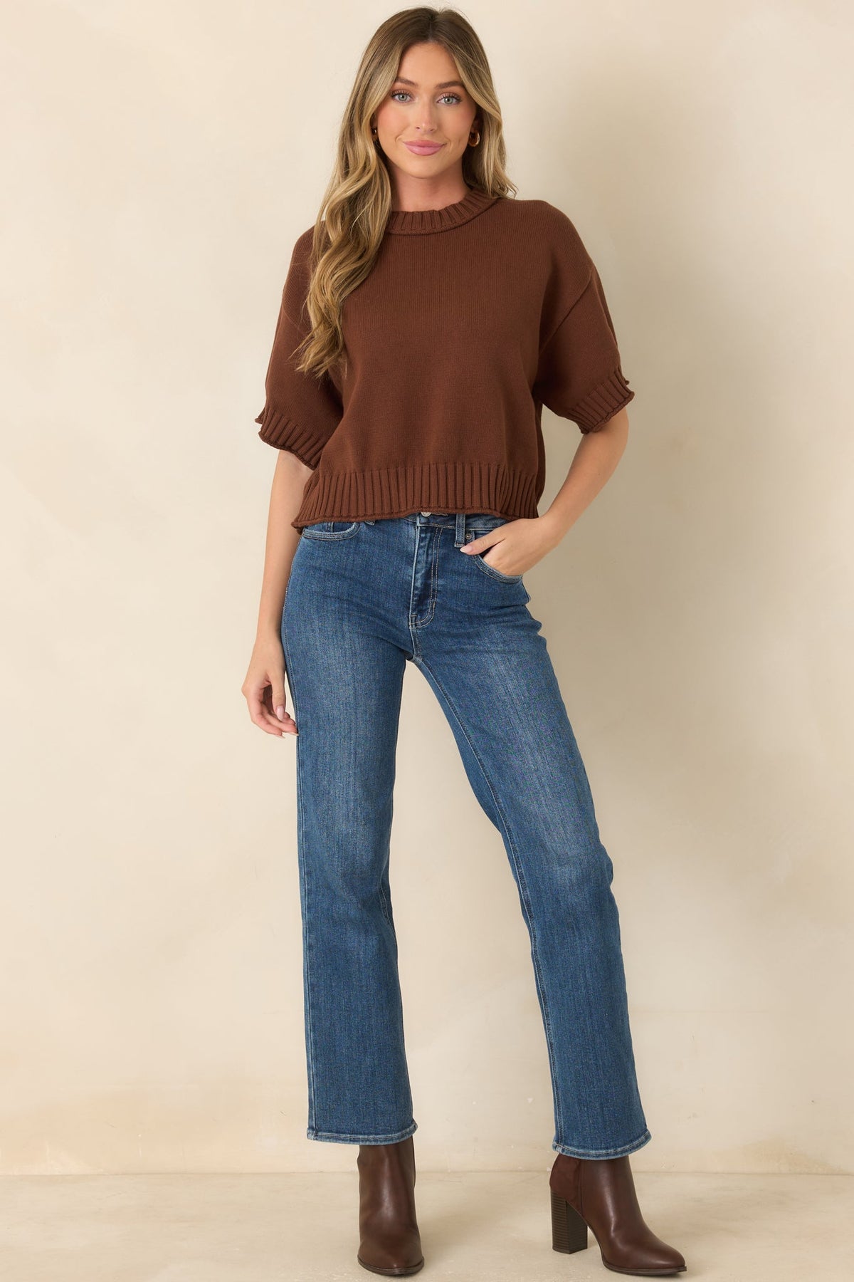 Right at Home Brown Cotton Short Sleeve Rib Trim Sweater
