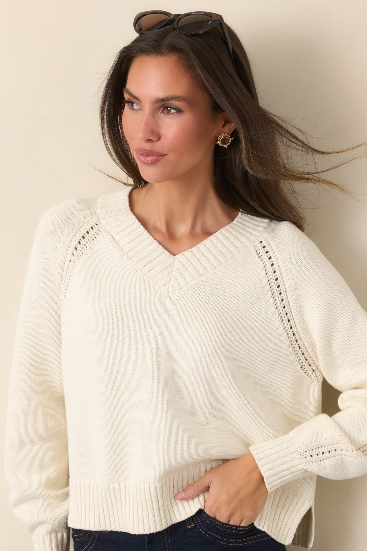 Z Supply Stratton Ivory Knit Cotton V-Neck Sweater