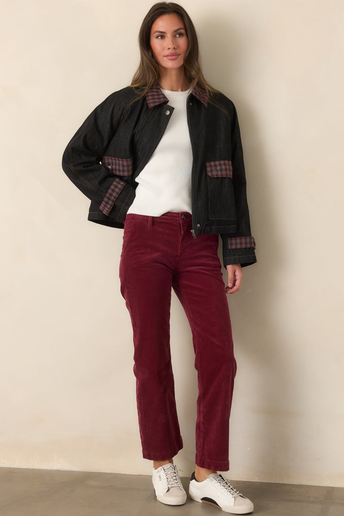 FRNCH Honshu Night Blue Gingham Contrast Denim Jacket