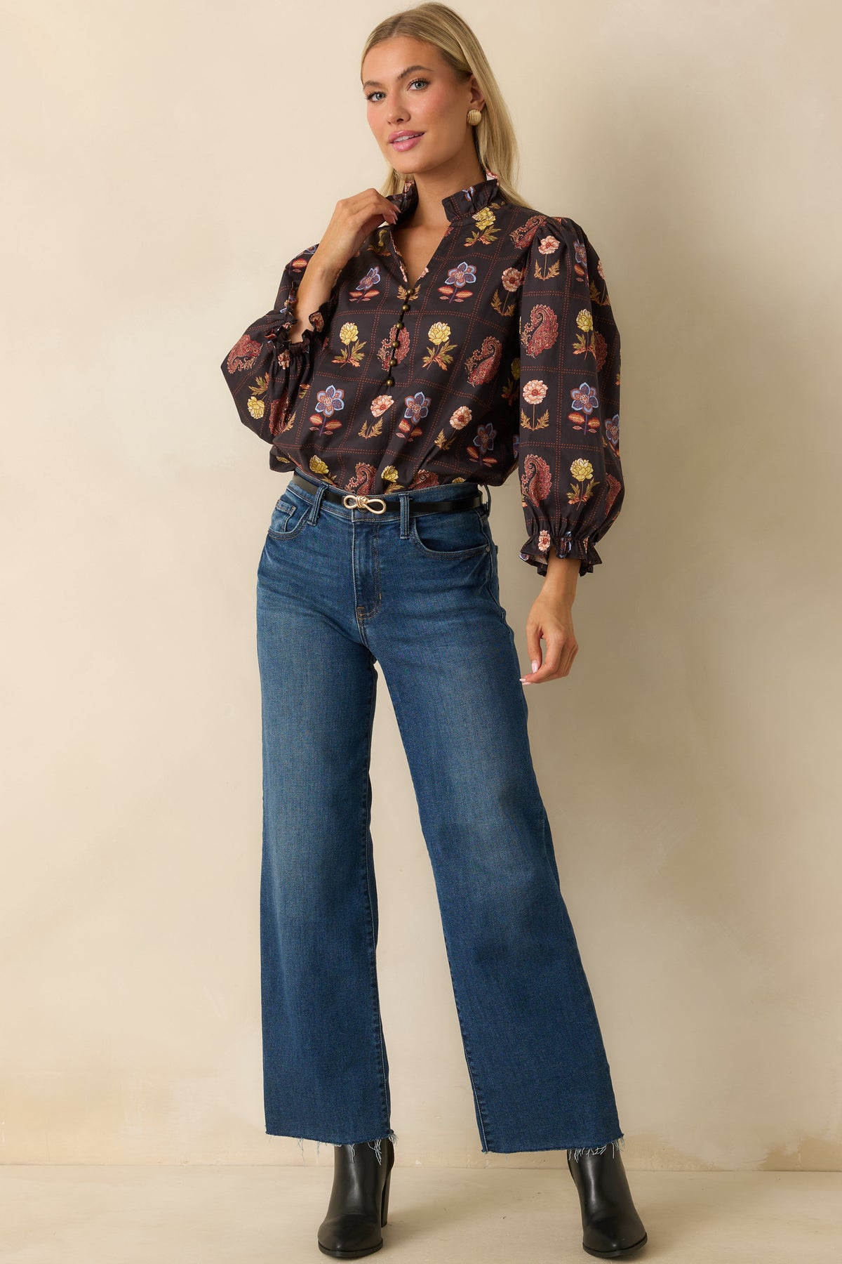 Everything’s Blooming Black Multi Floral Cotton Puff Sleeve Blouse