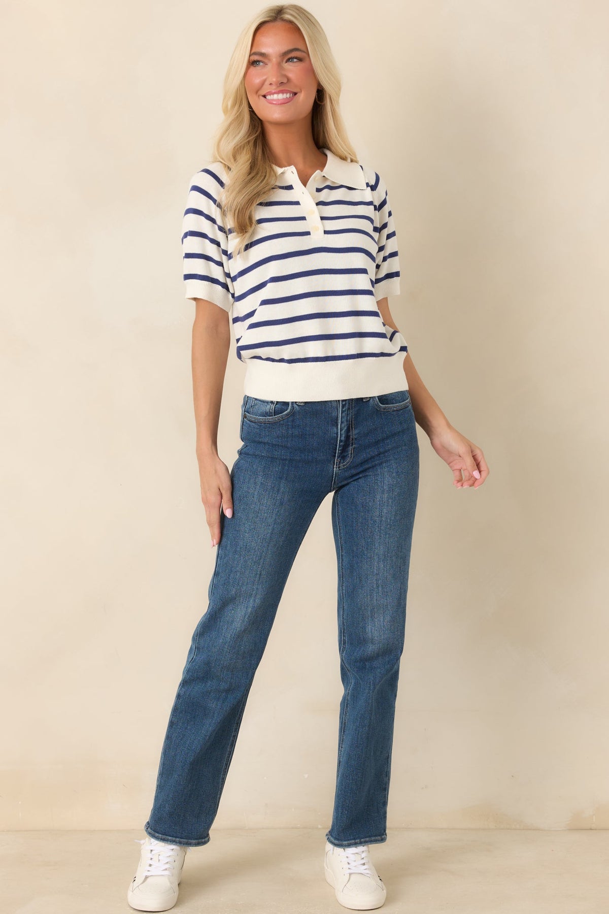 Worth Repeating Ivory & Navy Striped Knit Polo Top