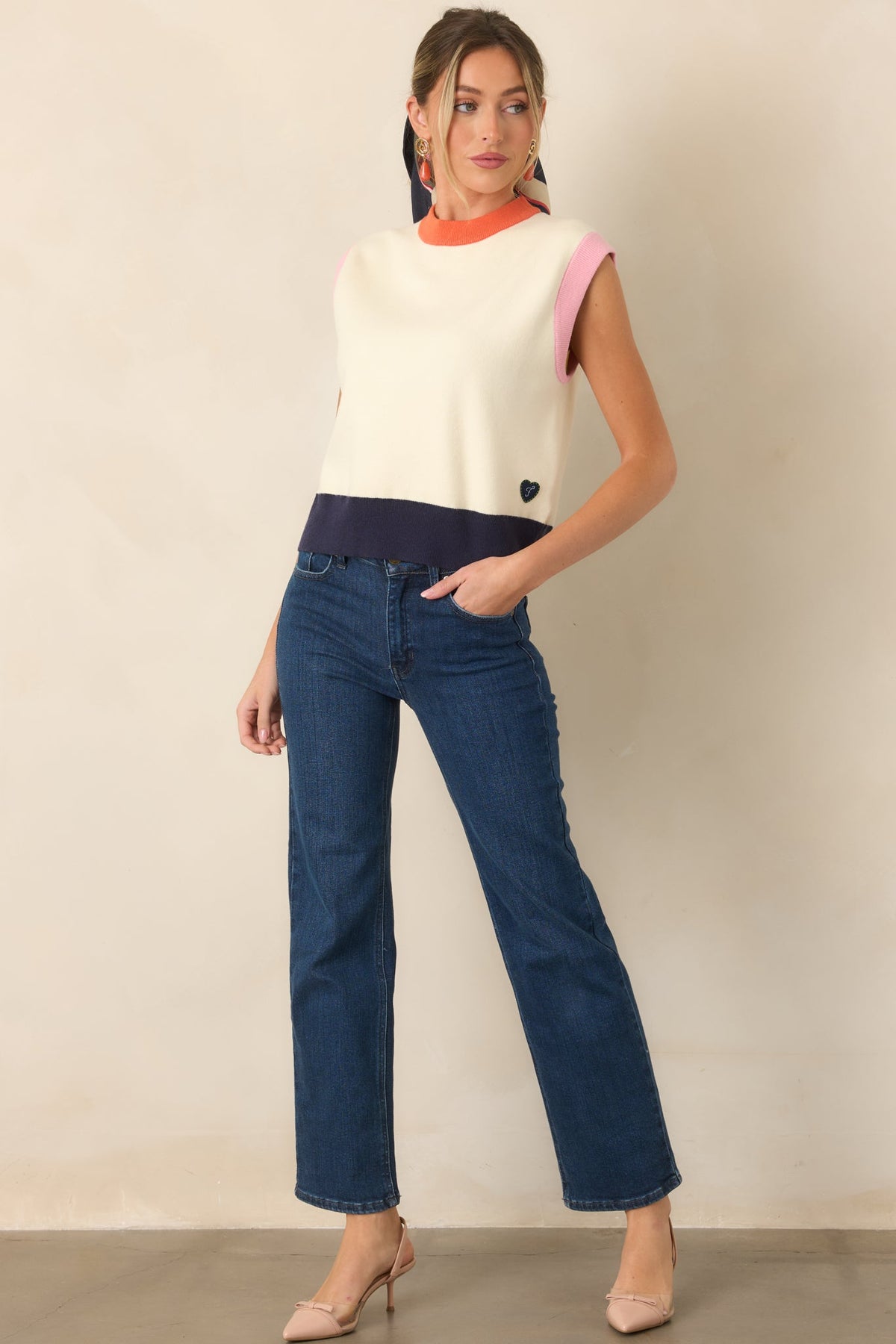 FRNCH Mickle Ivory Contrast Hem Sleeveless Sweater
