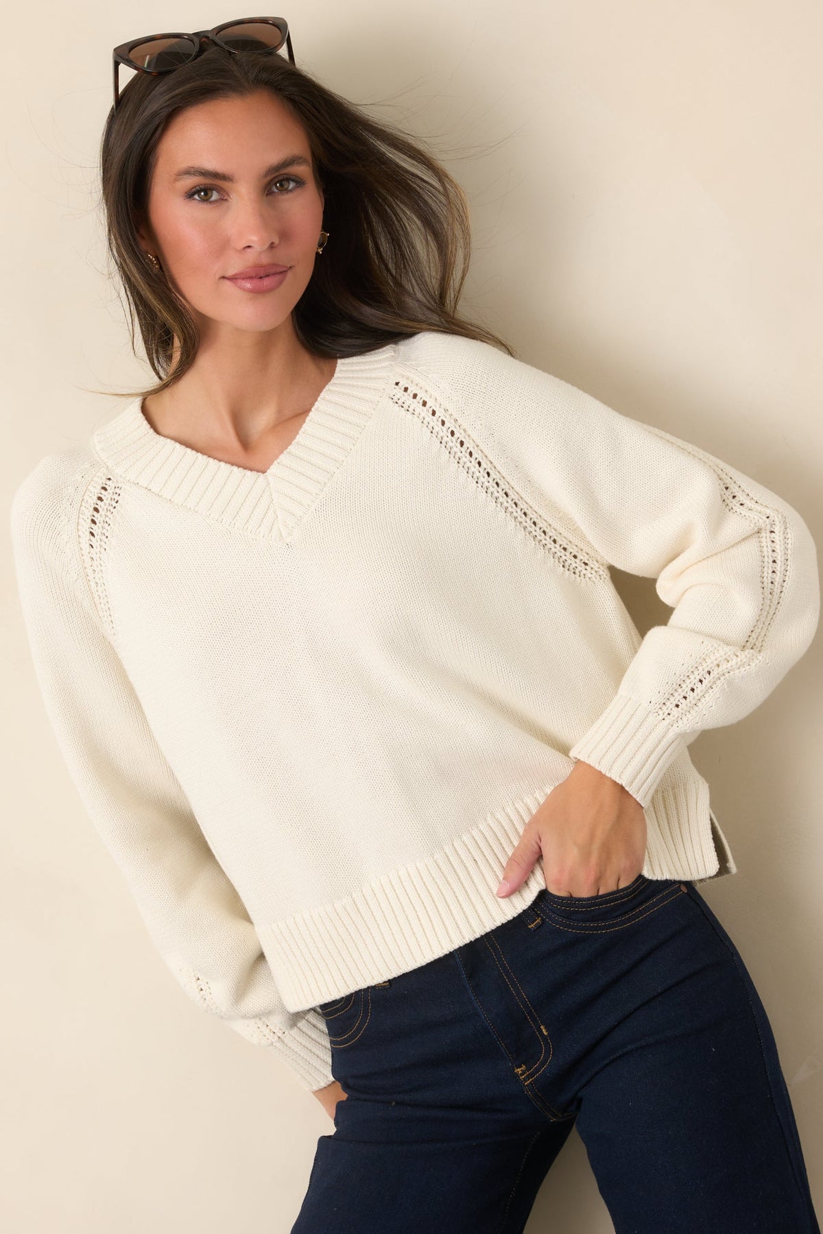Z Supply Stratton Ivory Knit Cotton V-Neck Sweater