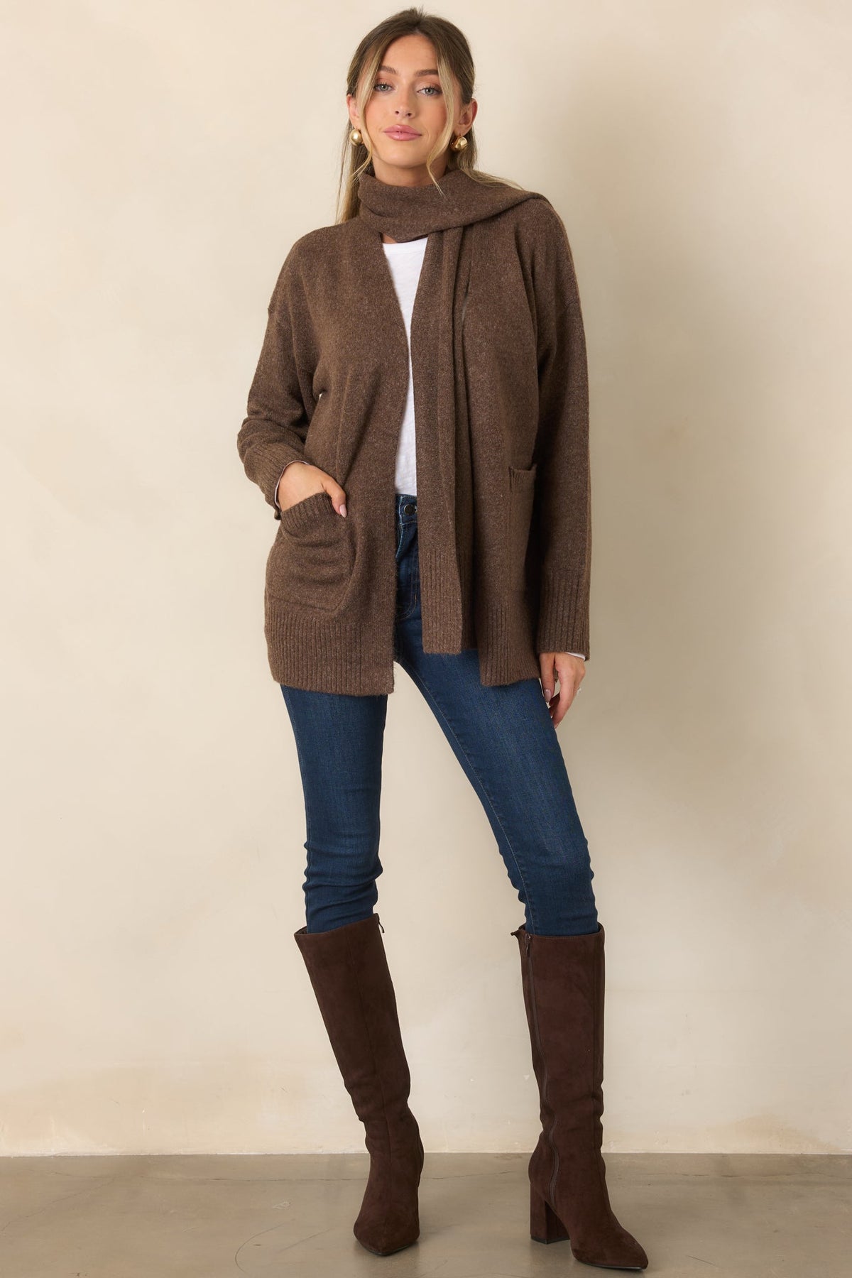 A Well-Knit Plan Dark Mocha Knit Cardigan & Scarf Set