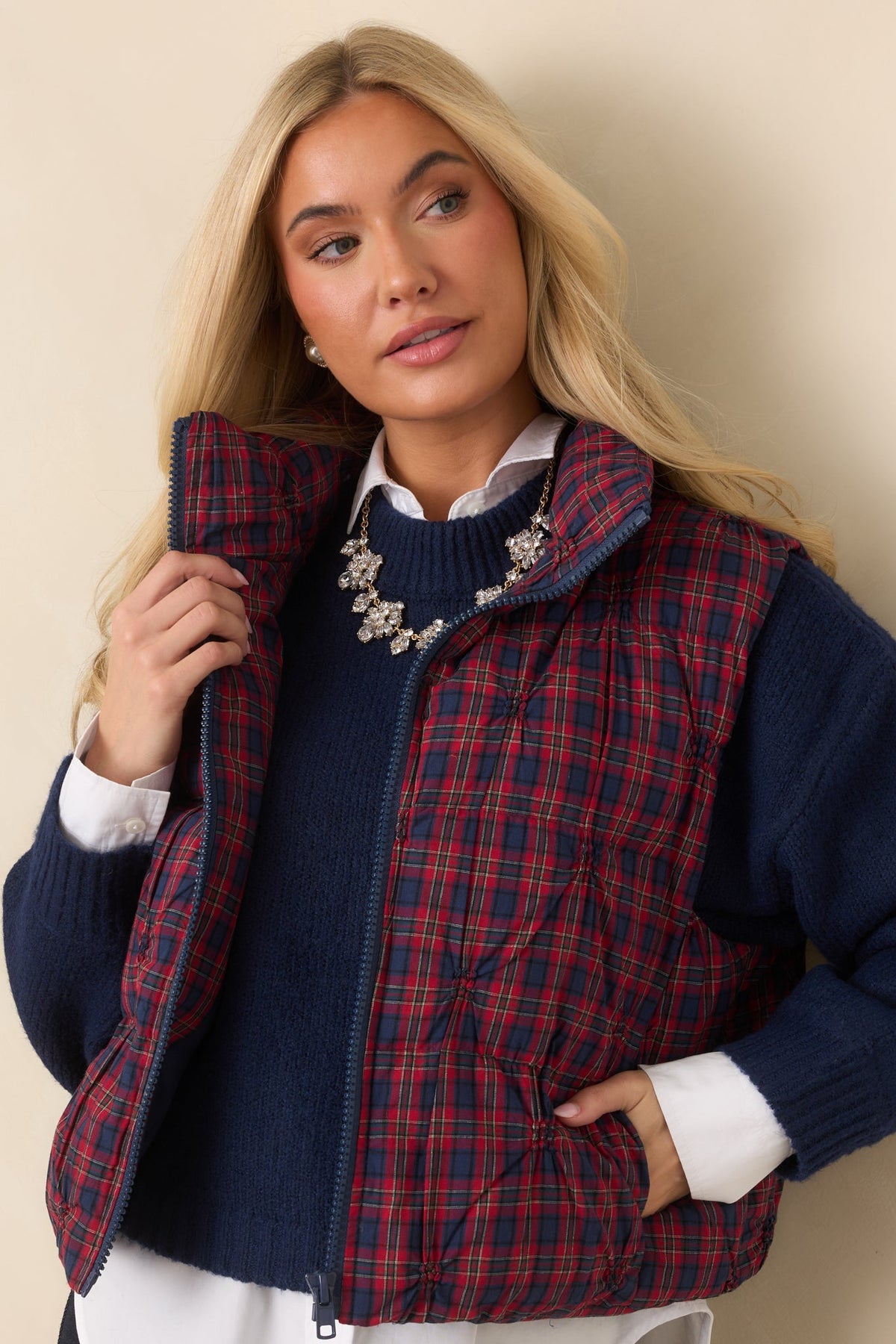 Out for a Little While Red & Navy Plaid Quilted Cotton Vest