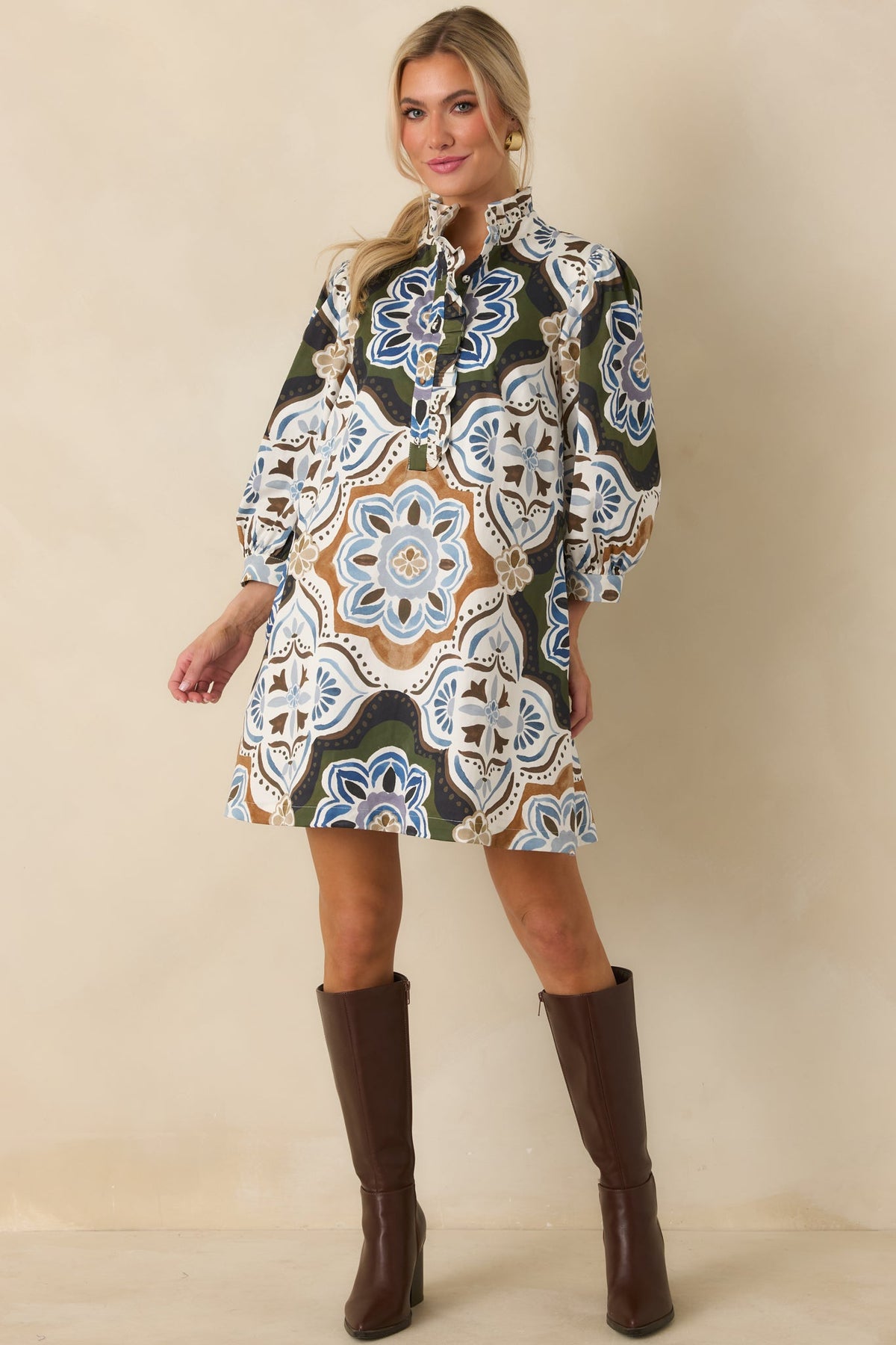 Prosperina Maren Olive Multi Medallion Print Cotton Mini Dress
