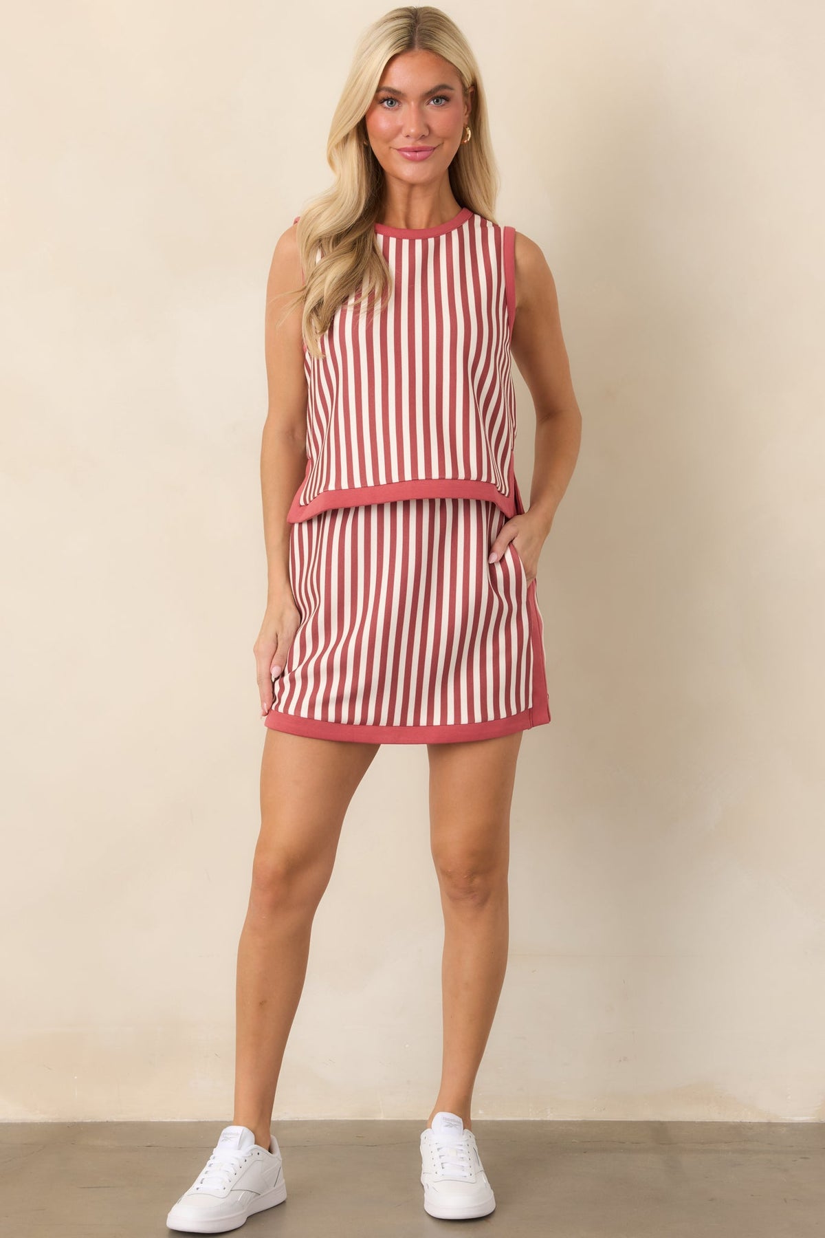 In the Lineup Terracotta & Ivory Stripe Mini Skort