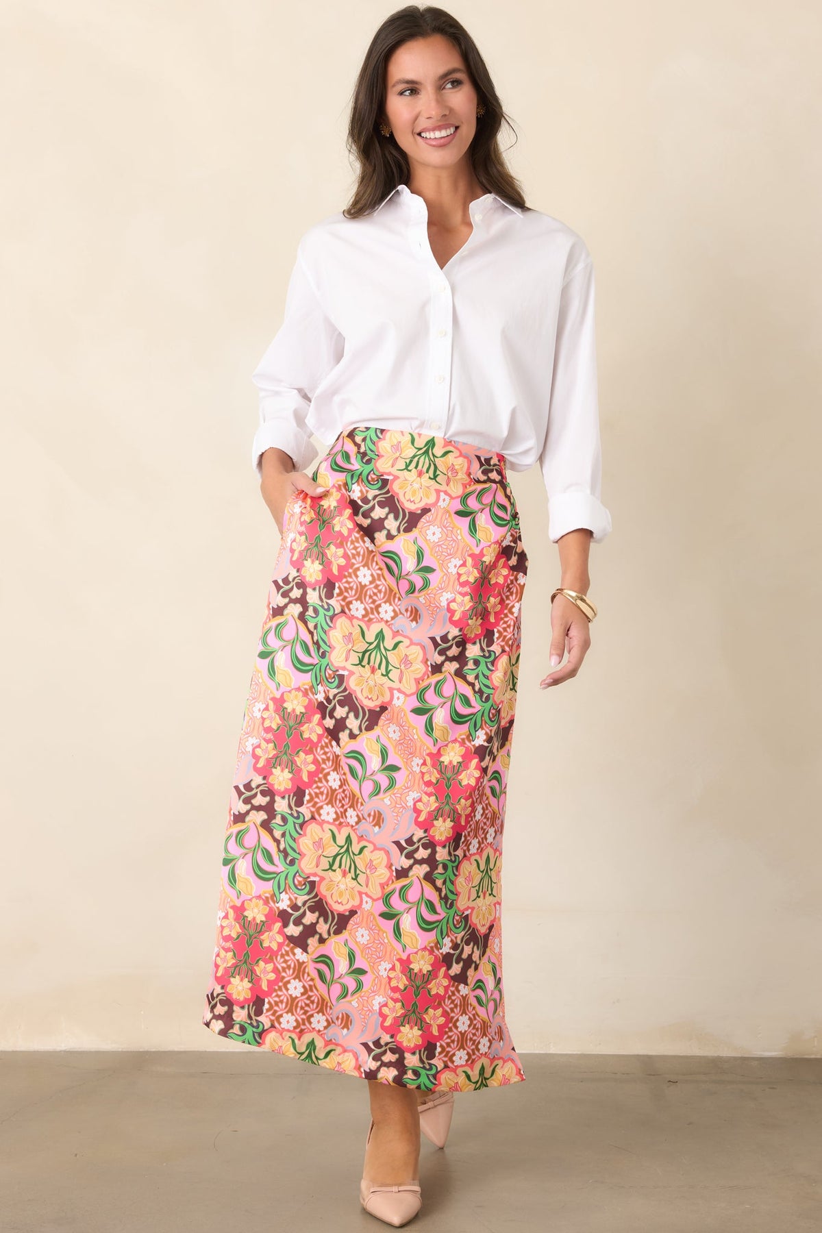 Such a Bright Idea Pink Multi Floral Print Midi Skirt