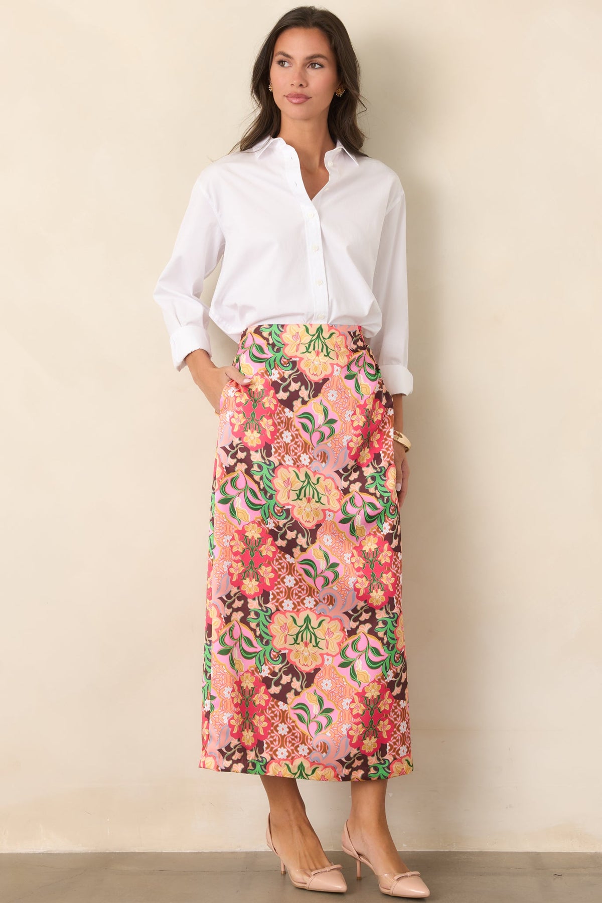 Such a Bright Idea Pink Multi Floral Print Midi Skirt