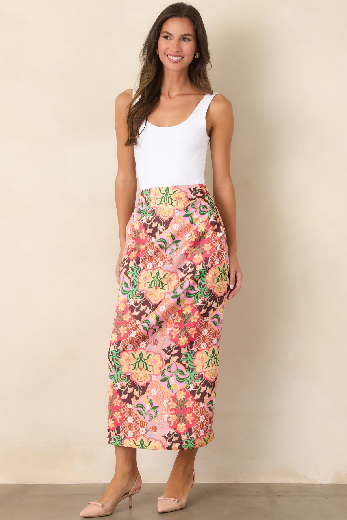 Such a Bright Idea Pink Multi Floral Print Midi Skirt