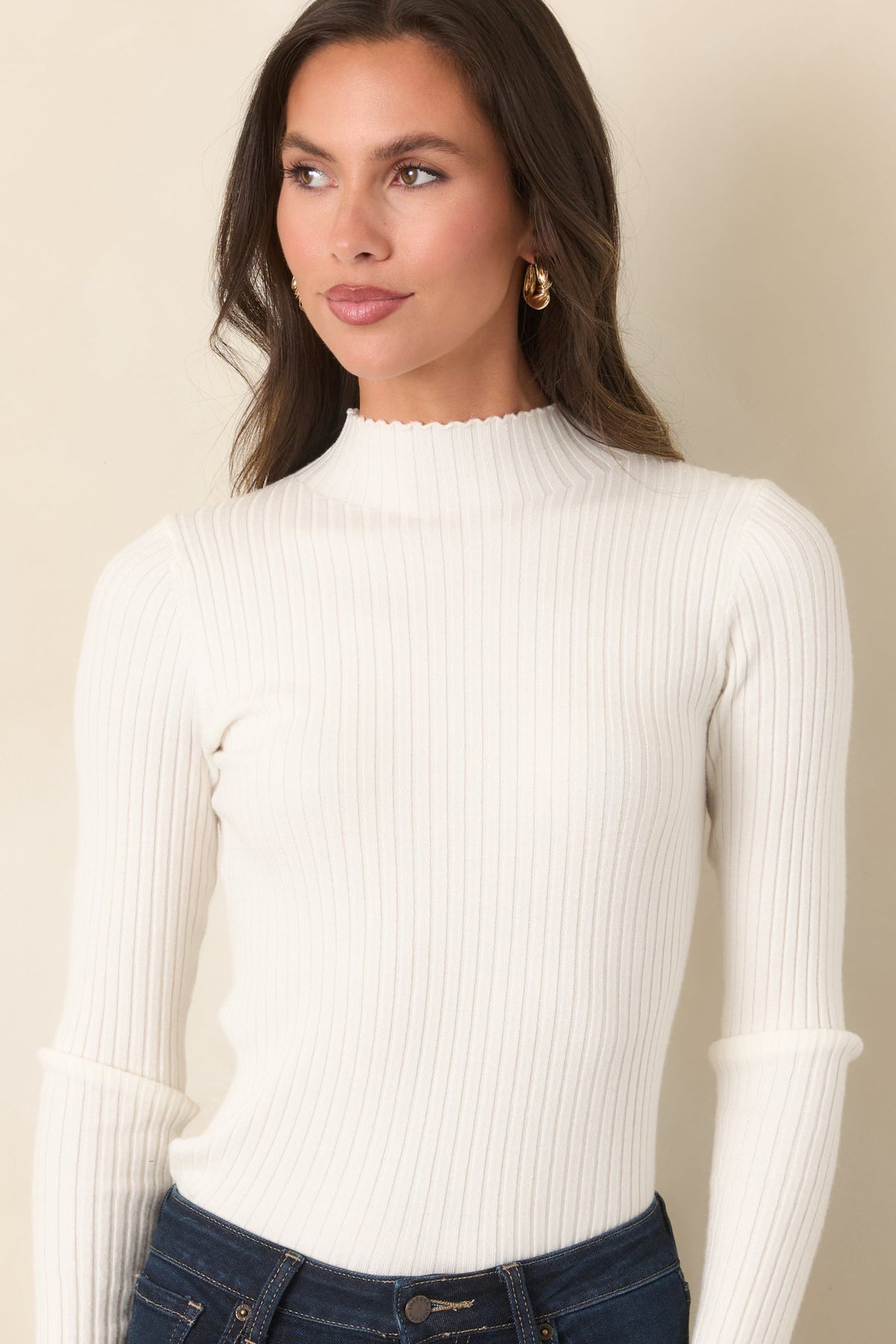 Astrid River Ivory Ribbed Knit Mock Neck Top