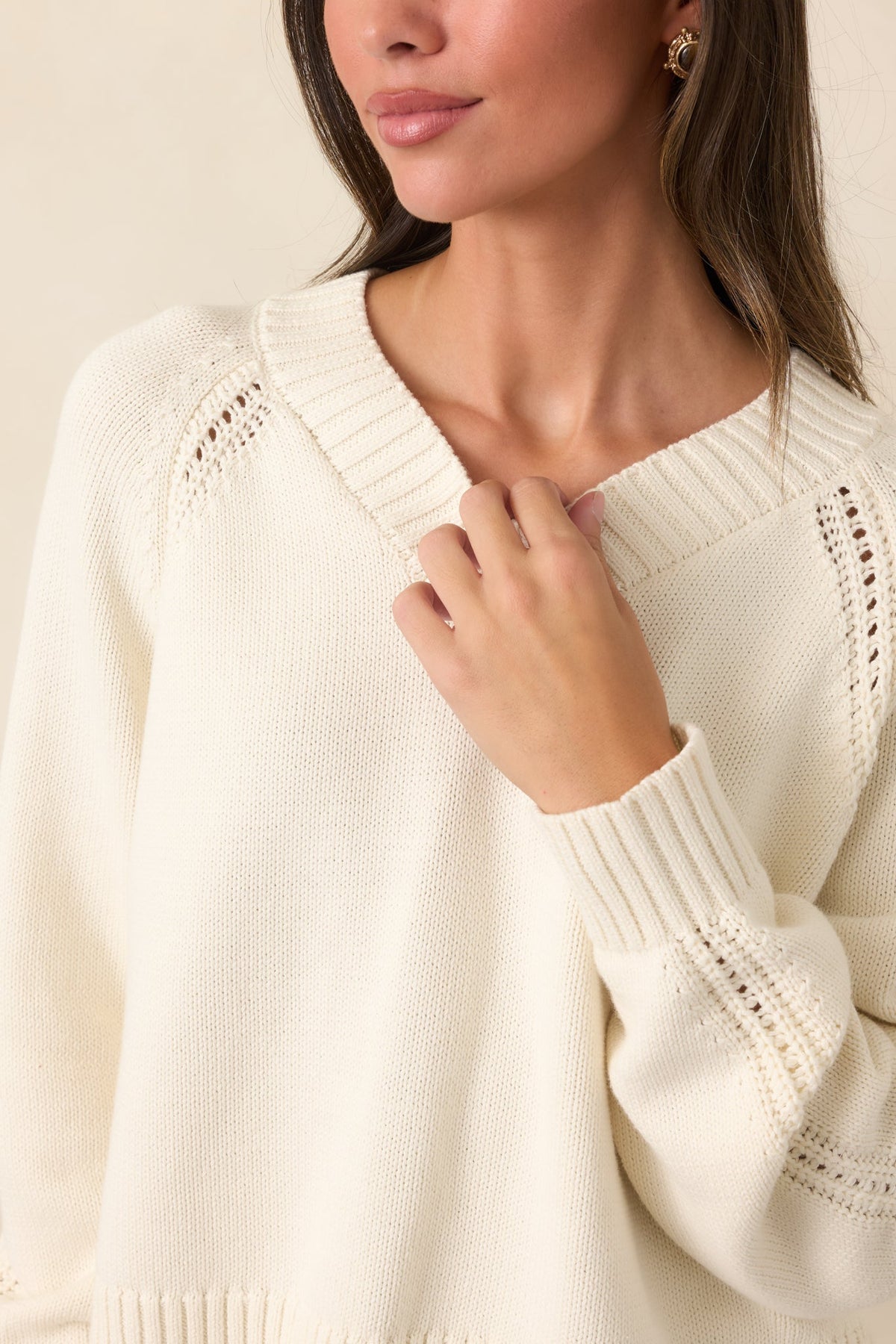 Z Supply Stratton Ivory Knit Cotton V-Neck Sweater
