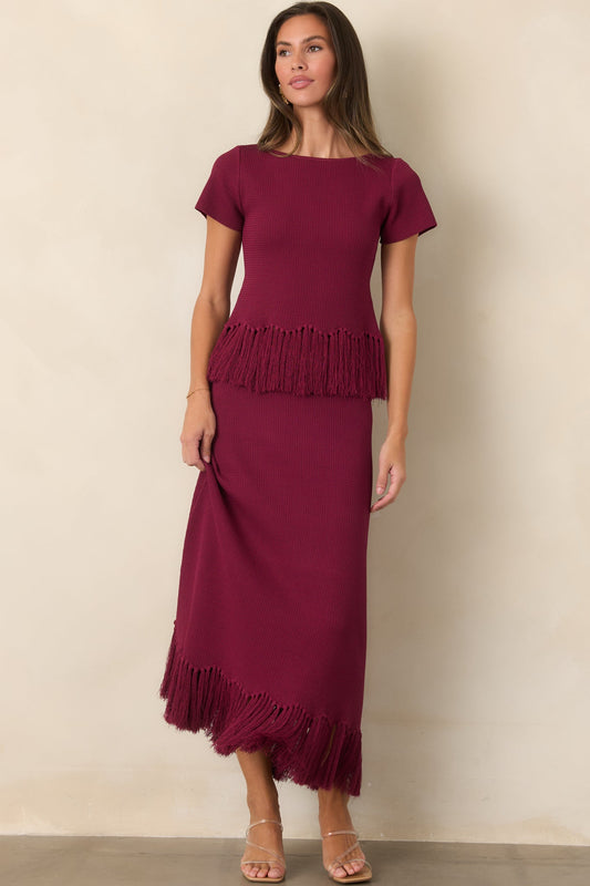 With a Little Swing Berry Fringe Hem Knit Midi Skirt