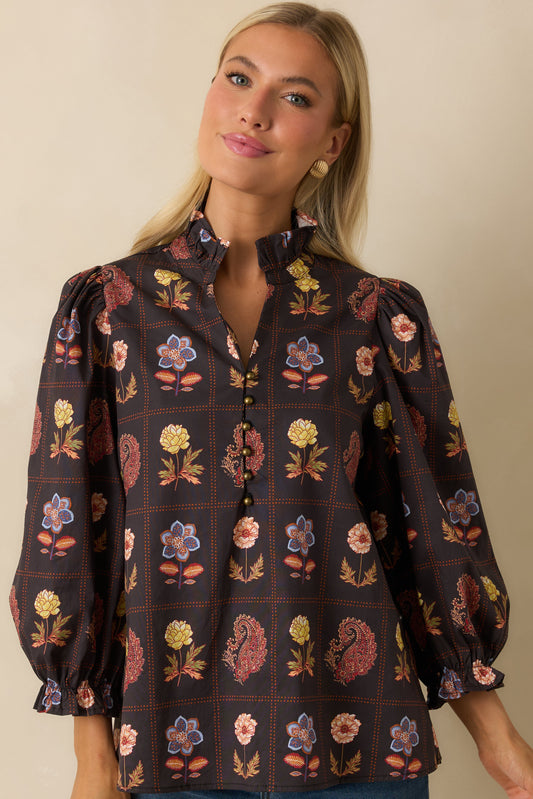 Everything’s Blooming Black Multi Floral Cotton Puff Sleeve Blouse