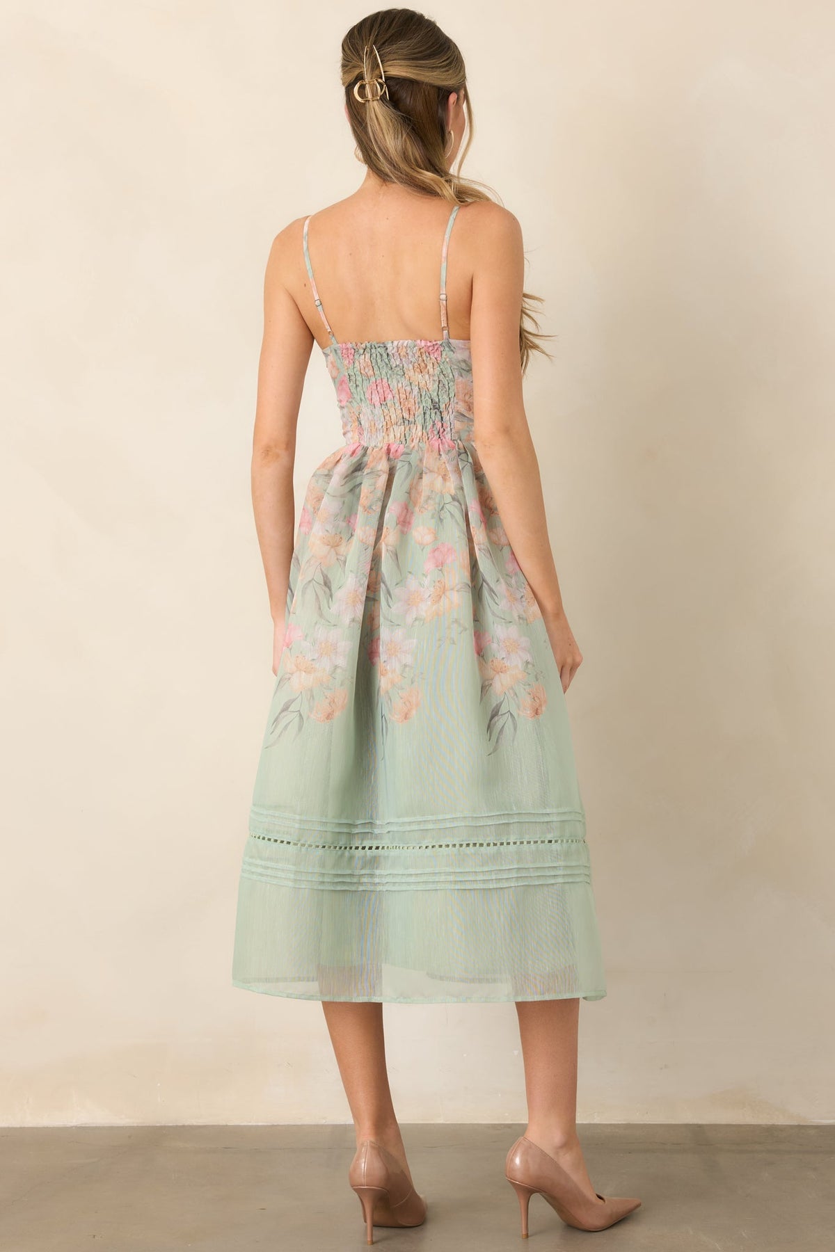 En Saison Kacey Sage Multi Floral Ruched Bodice Midi Dress