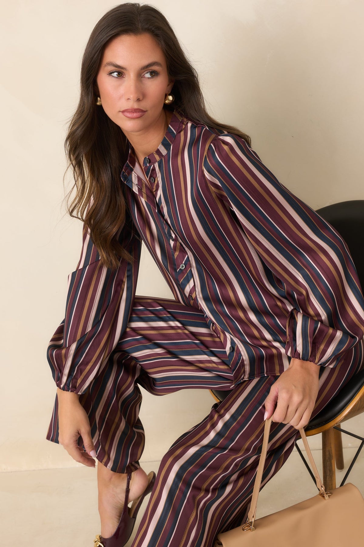 We’re on the Same Page Burgundy Purple Multi Stripe Satin Button Front Blouse