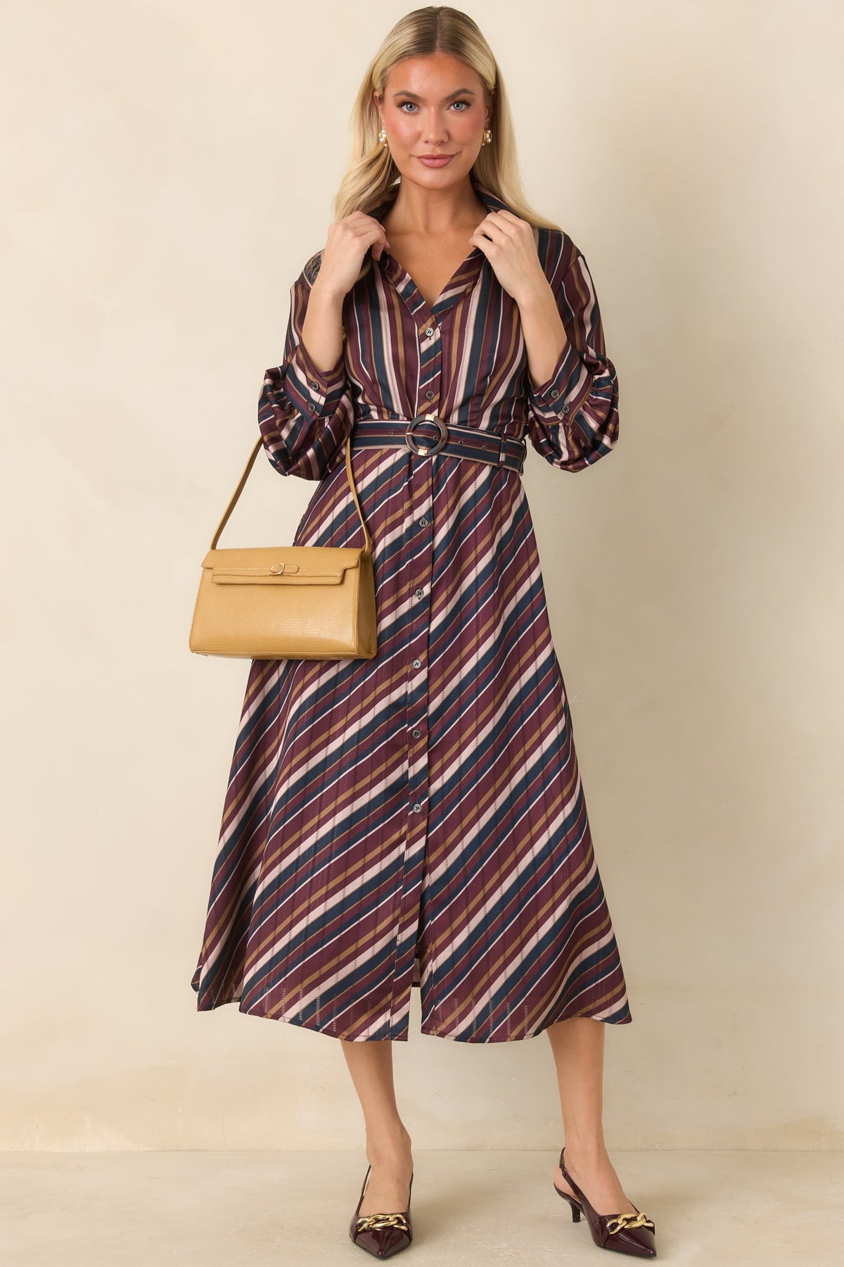 You Read My Mind Burgundy Purple Multi Stripe Satin Midi Dress