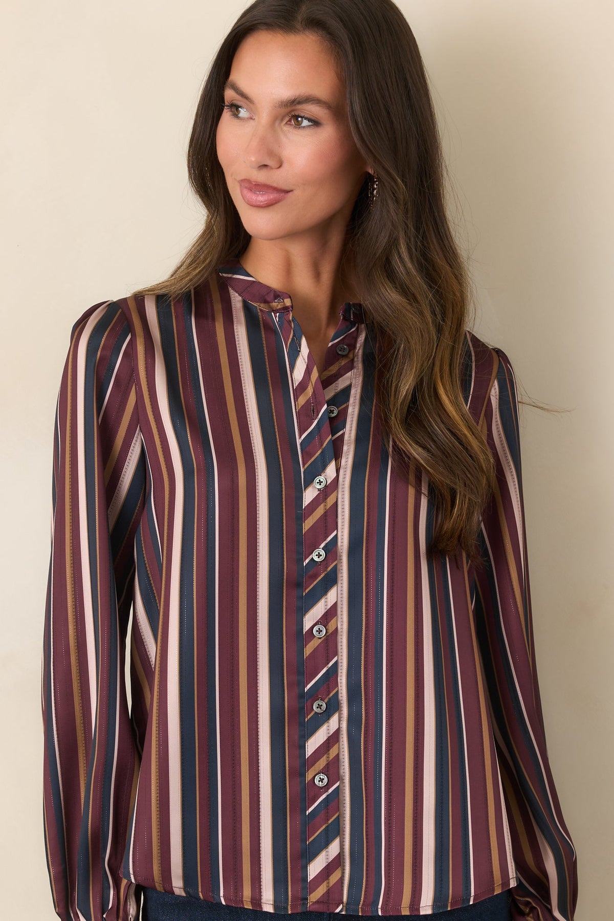 We’re on the Same Page Burgundy Purple Multi Stripe Satin Button Front Blouse