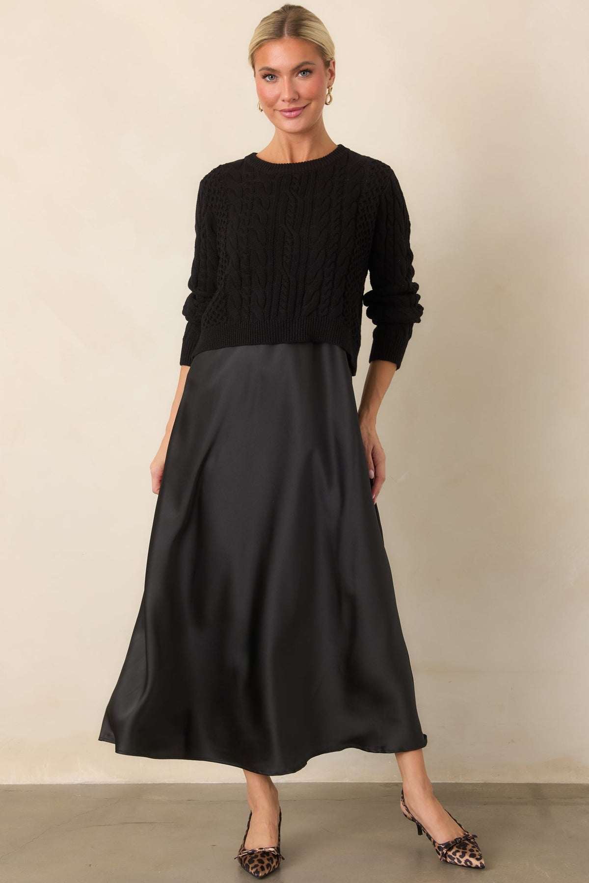 The Perfect Pairing Black Cable Knit Sweater & Satin Maxi Dress Set