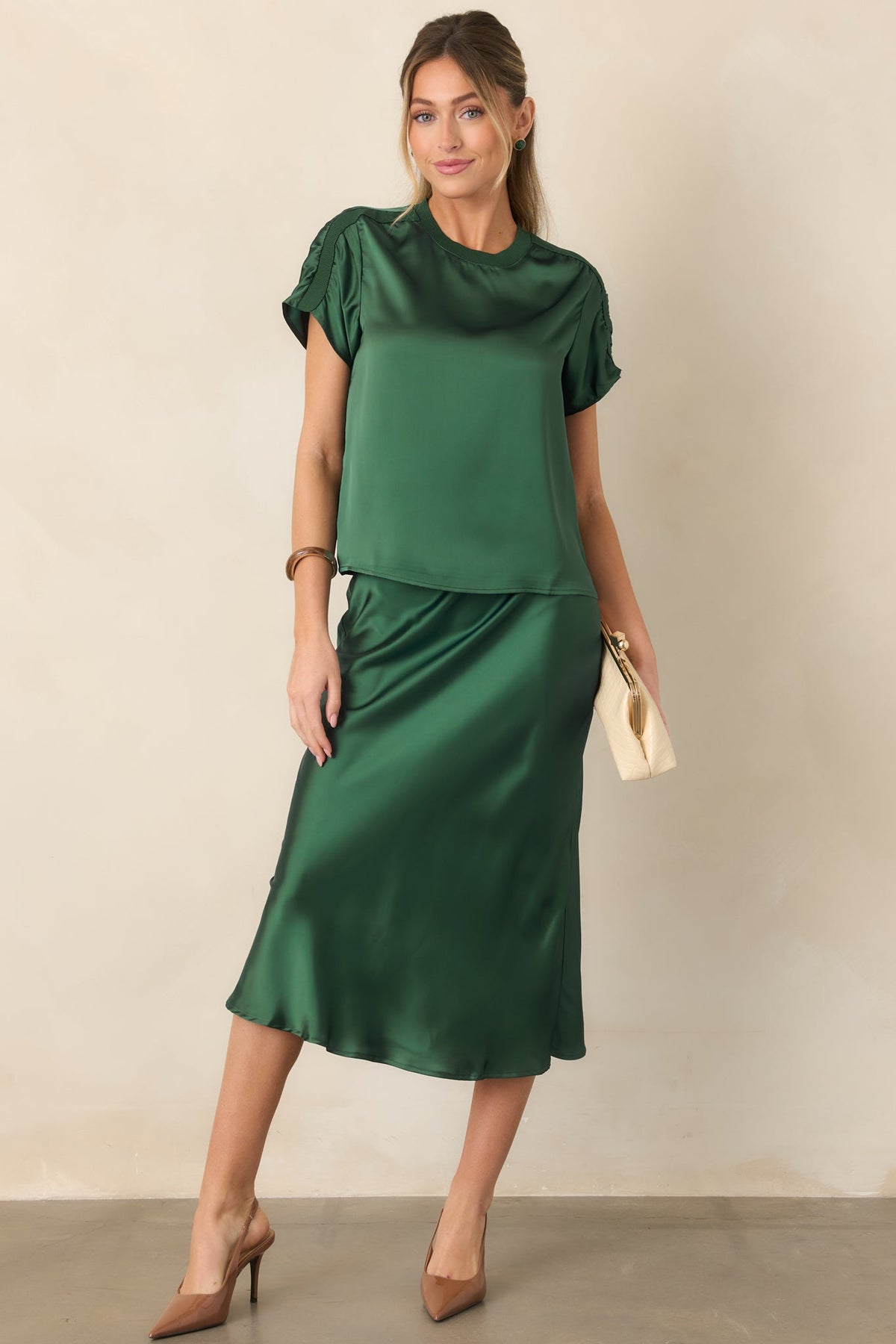 Vibe Check Emerald Green Satin Midi Skirt