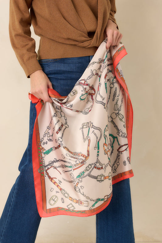 Linked in Style Beige & Orange Vintage Hardware Print Satin Scarf